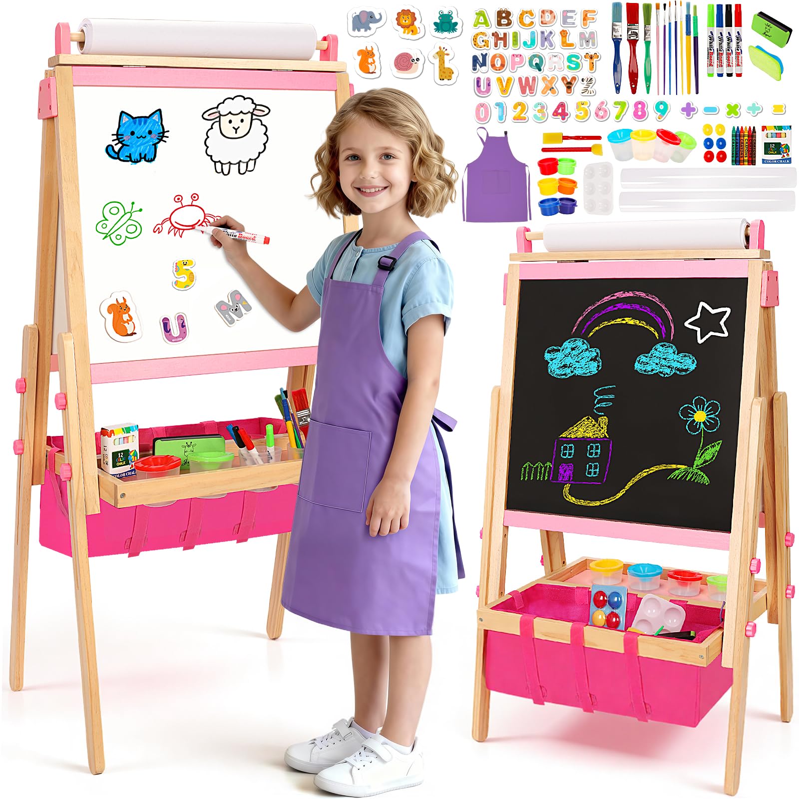 wooden easel for kids, all-in-one adjustable easel with art supplies, magnetic double sided whiteboard & chalkboard, ideal christmas, birthday gift for boys & girls age 3, 4, 5, 6, 7, 8+ years old