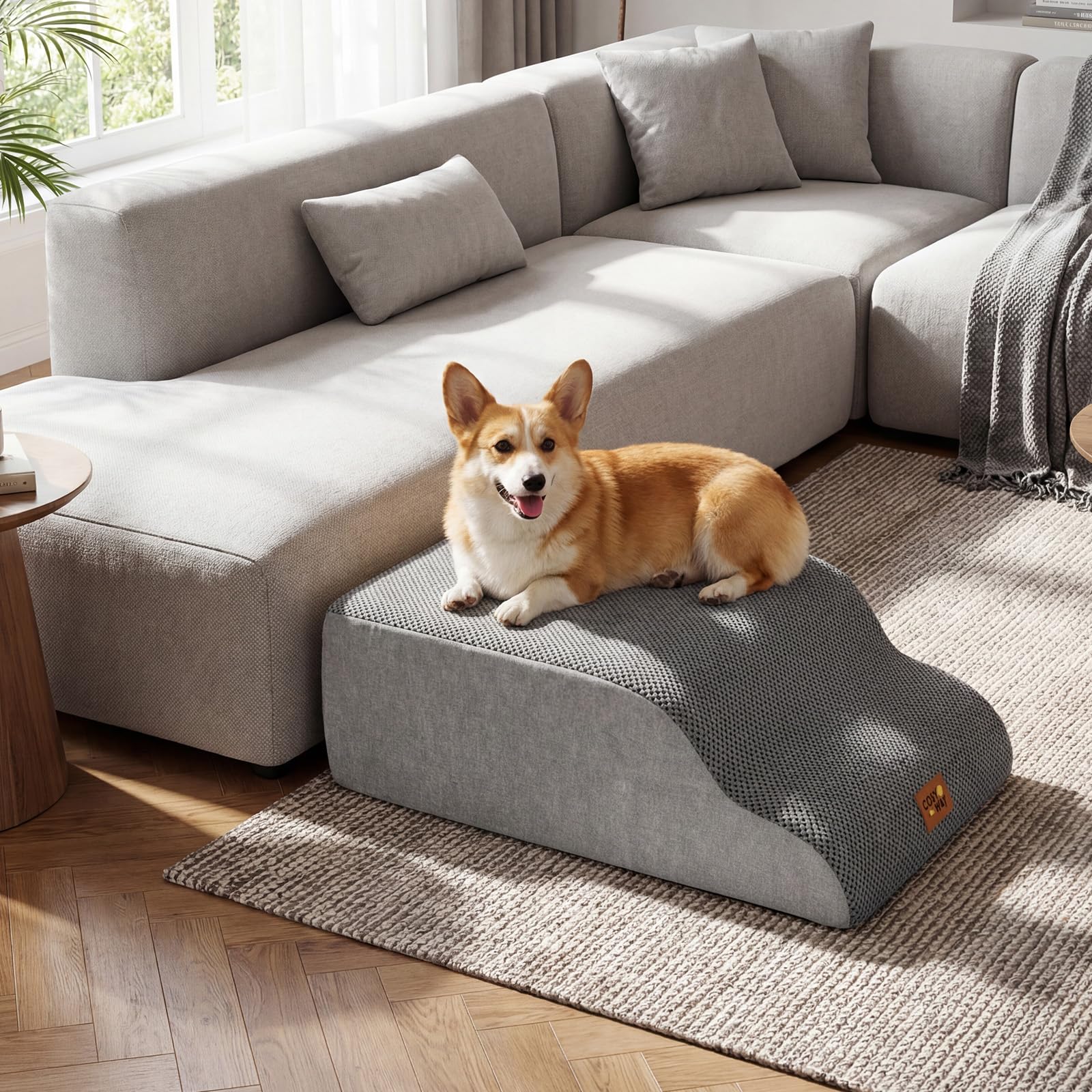 COSTWAY Escalera para Perros 4 Peldaños de Espuma, Rampas Rerros Transformables de Alta Densidad con Base Antideslizante, Funda Lavable, Rodillo Quita Pelusas, para Sofás y Camas (85 x 40,5 x 56 cm)