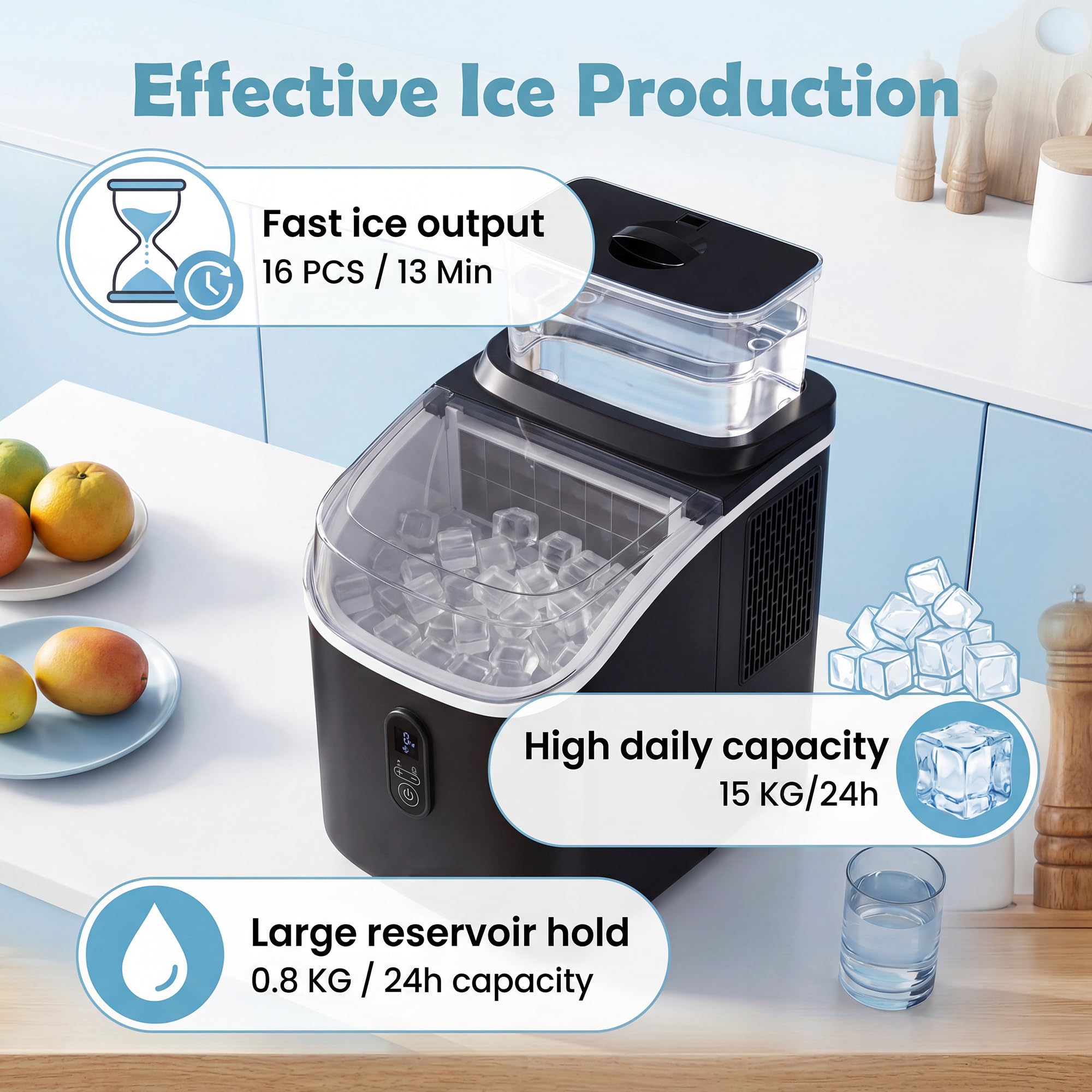 GIANTEX Macchina Ghiaccio da Tavolo, 15kg/24H, Ice Maker Compatto e Silenzioso per Casa e Ufficio, Cubetti di 13 Spessori, con Autopulizia Profonda, Display, Timer e Serbatoio Rimovibile (Nero)
