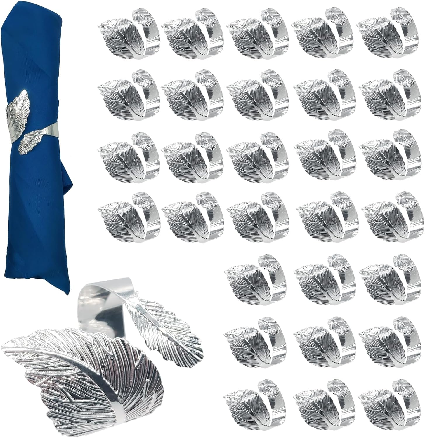 Napkin Rings, 30PCS Silver Napkin Rings Leaf Metal for Table Setting Wedding Birthday Anniversary Easter Christmas Halloween Thanksgiving Party Fall