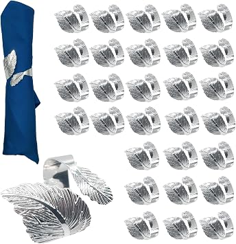 Napkin Rings, 30PCS Silver Napkin Rings Leaf Metal for Table Setting Wedding Birthday Anniversary Easter Christmas Halloween Thanksgiving Party Fall