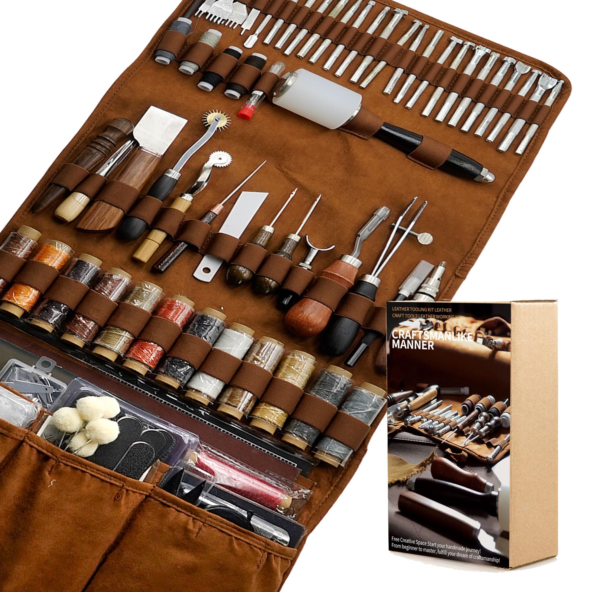 Kit de herramientas de cuero, herramientas de artesanía de cuero, kit de trabajo de cuero con alfombrillas de corte, grabado personalizado, perforación, costura, estampado, herramientas de