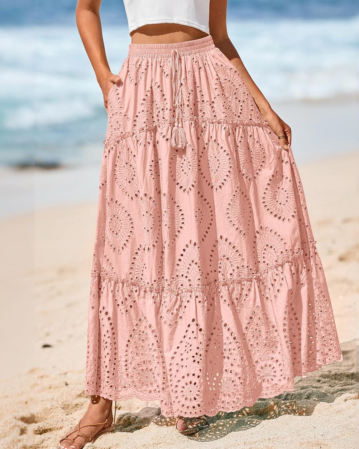 BTFBM Boho Long Skirts for Women Spring Summer 2026 Lace Embroidery High Waist Flowy Tiered Maxi Skirt Beach Vacation - Image 2