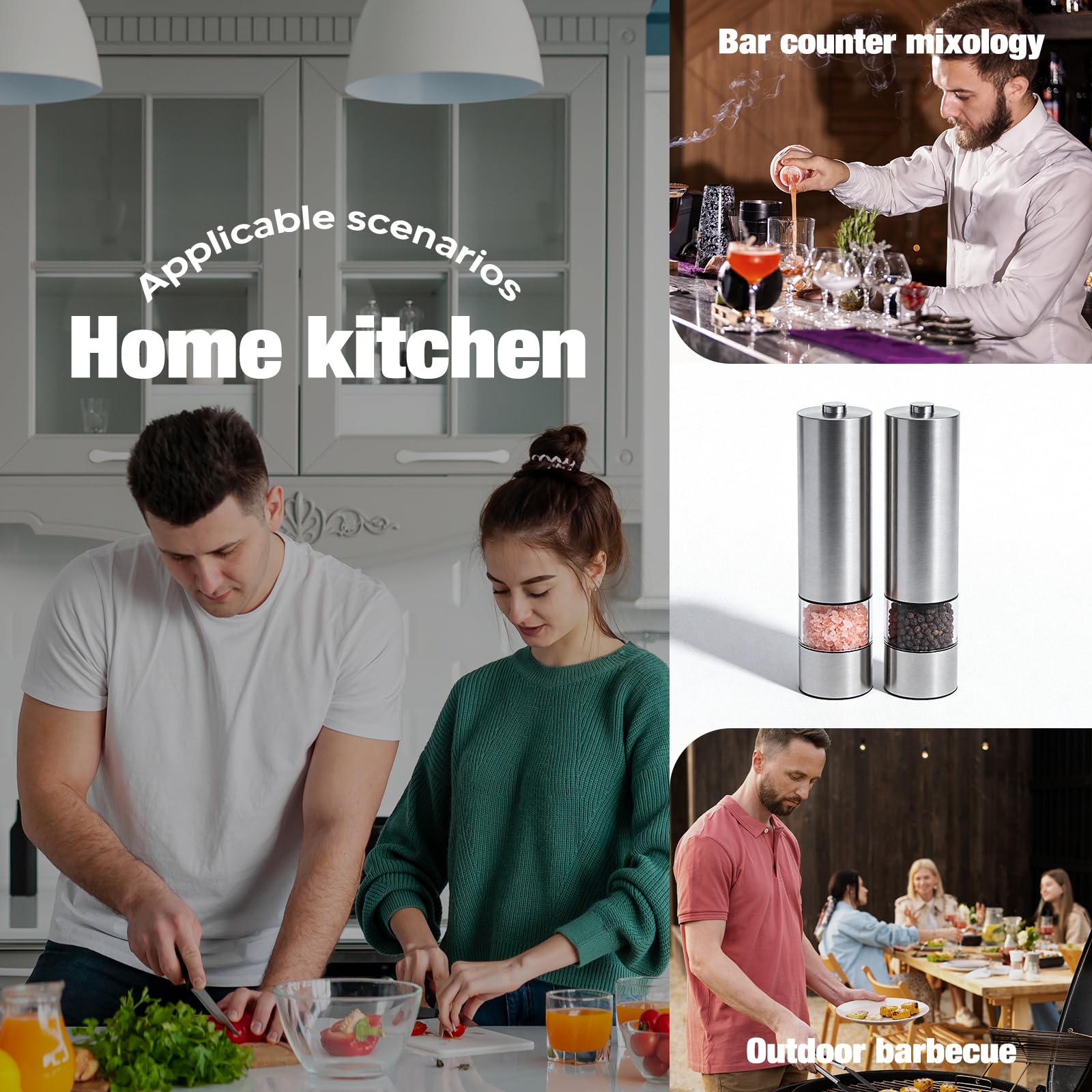 2 Pezz Macina Sale e Pepe Elettrica Macinapepe in Acciaio Inossidabile Macinapepe Elettrico,Luce LED e Rugosità Regolabile (Acciaio Inox 02)
