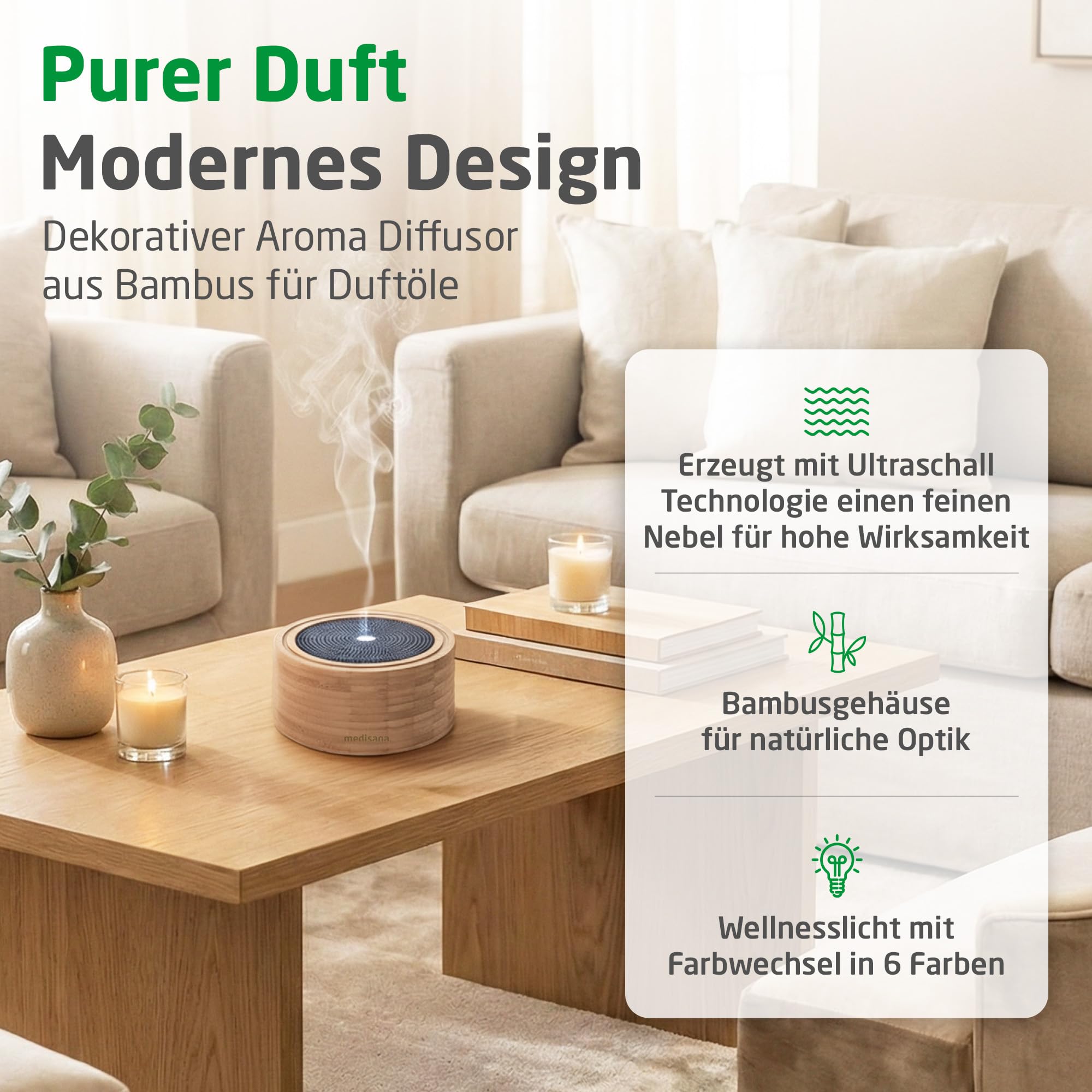 Medisana AD 625 Aroma Diffuser, Duftöl Diffusor für ätherische Öle, Duftlampe mit Wellness-Licht in 6 Farben, Luftbefeuchter für Wohnzimmer, Schlafzimmer, Büro, Raumbefeuchter 100 ml