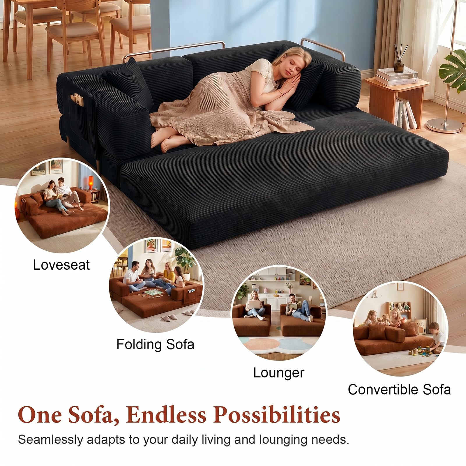 Convertible Futon Sofa Bed | 78.8” Corduroy Boneless Couch with Pull Out Sofa Bed, Comfy Futon Floor Couch with Side Pocket, Versatile Sleeper Sofa for Home & Apartment |Black