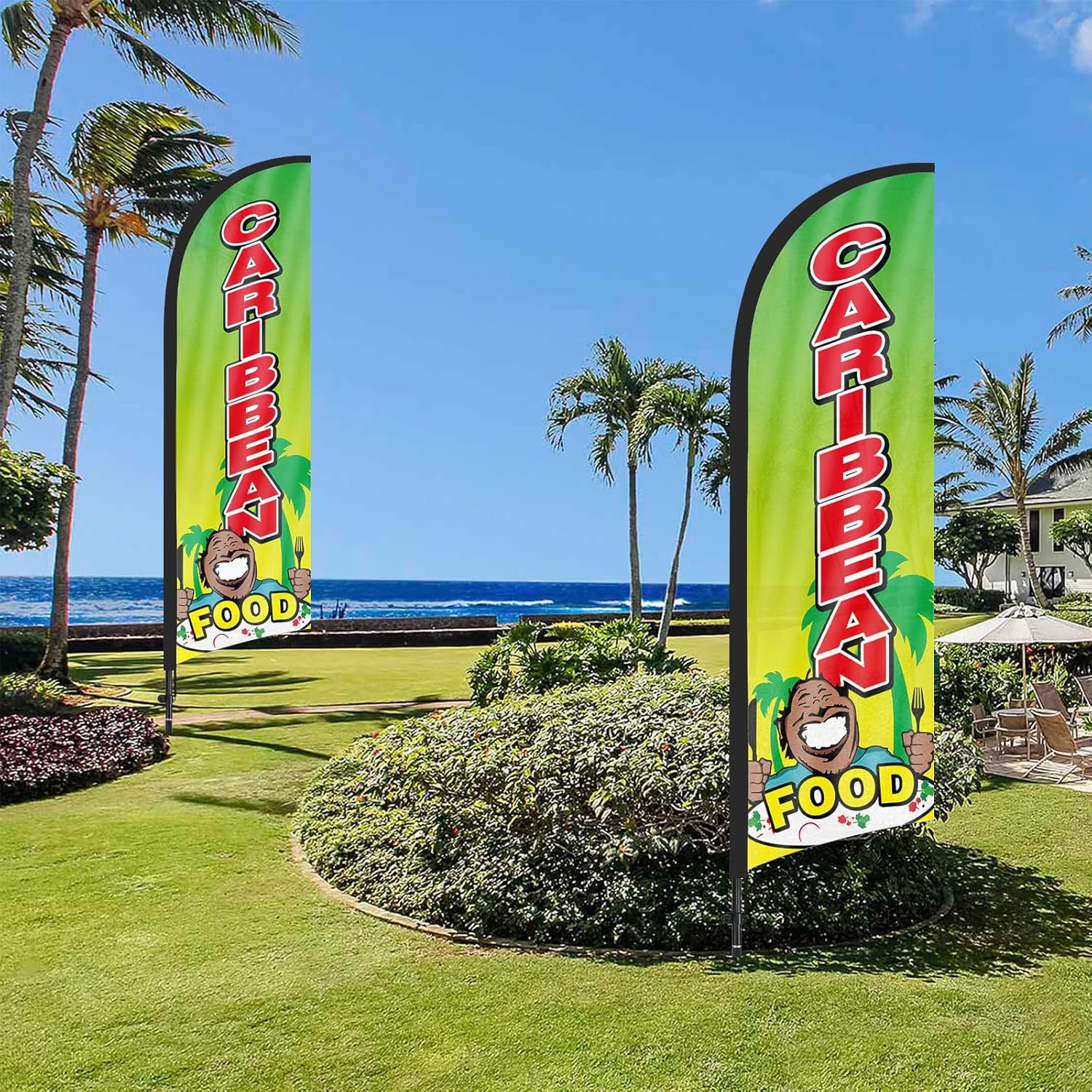Caribbean Food Advertising Swooper Flag Banner, Caribbean Food Feather Flag with Flag Pole and Ground Stake, Advertising Feather Banner Sign for Caribbean Food Business 8Ft