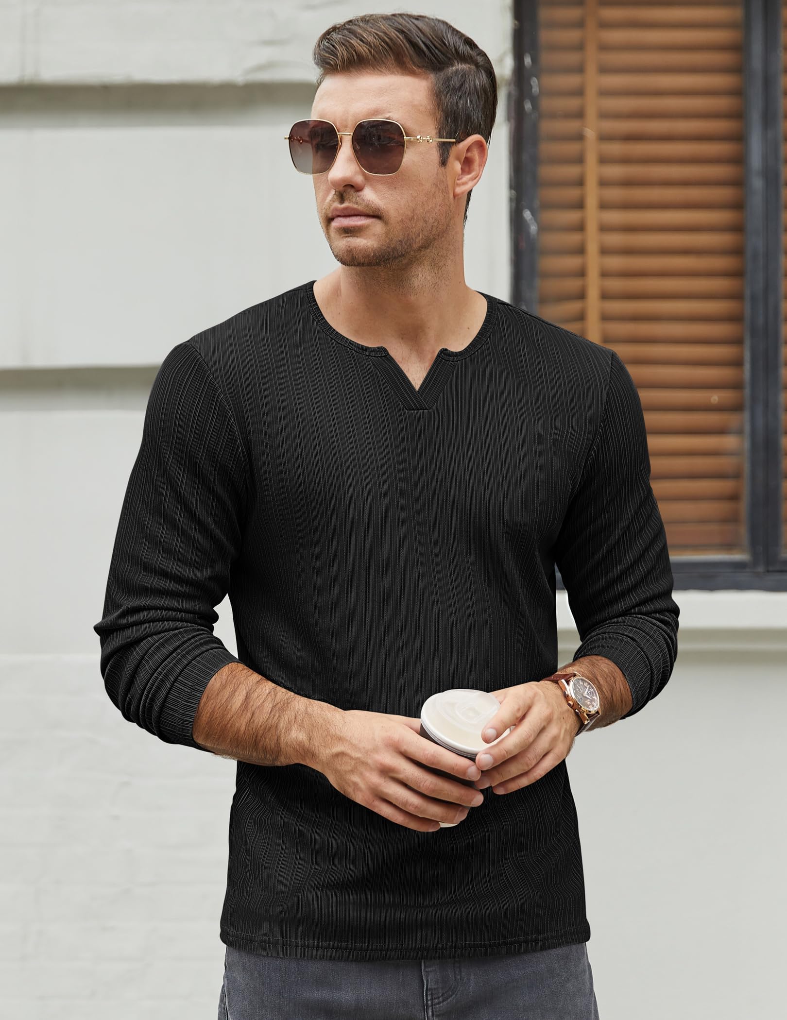 COOFANDY Maglietta da uomo a maniche lunghe, a coste, per uomo, per il tempo libero, casual