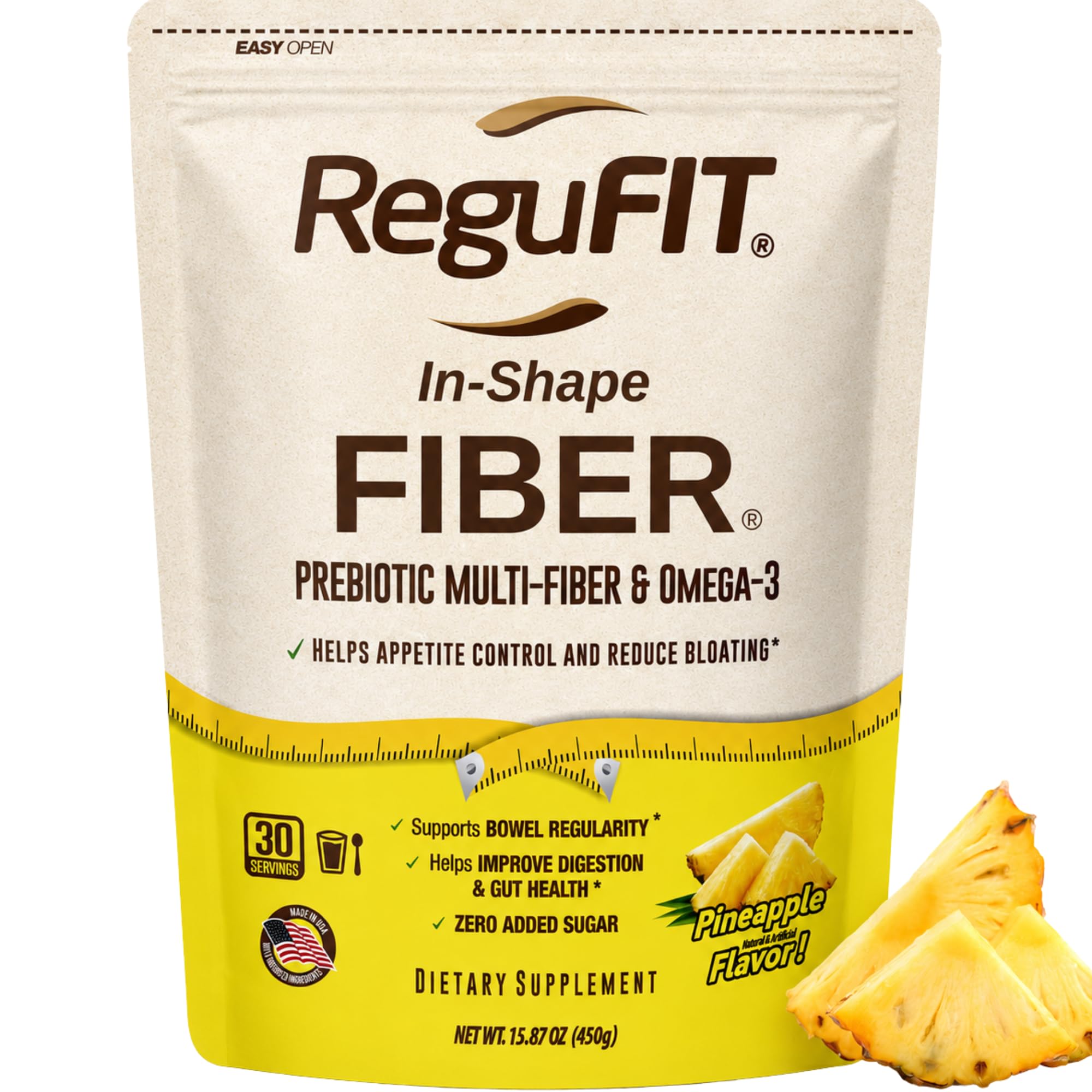 Prebiotic Fiber Supplement Powder – Soluble and Insoluble Fiber with Flaxseed, Psyllium Husk, Oat Bran and Omega-3 for Digestive Health and Regularity, Natural Pineapple Flavor, 30 Servings