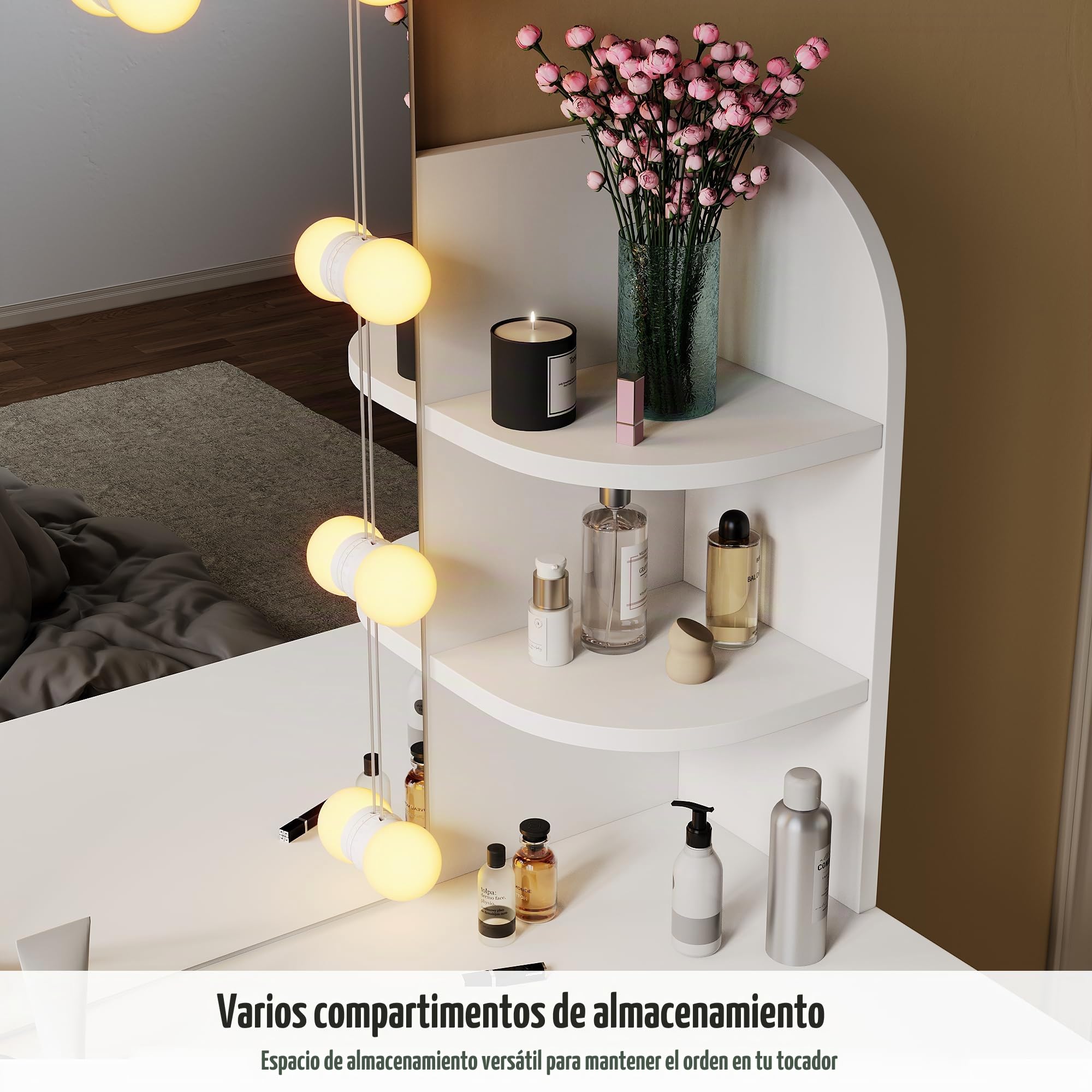 Tocador con espejo, 70 x 40 cm, con iluminación LED, para mujeres y niños, con cajones y estantes abiertos, 140 cm de altura (blanco)