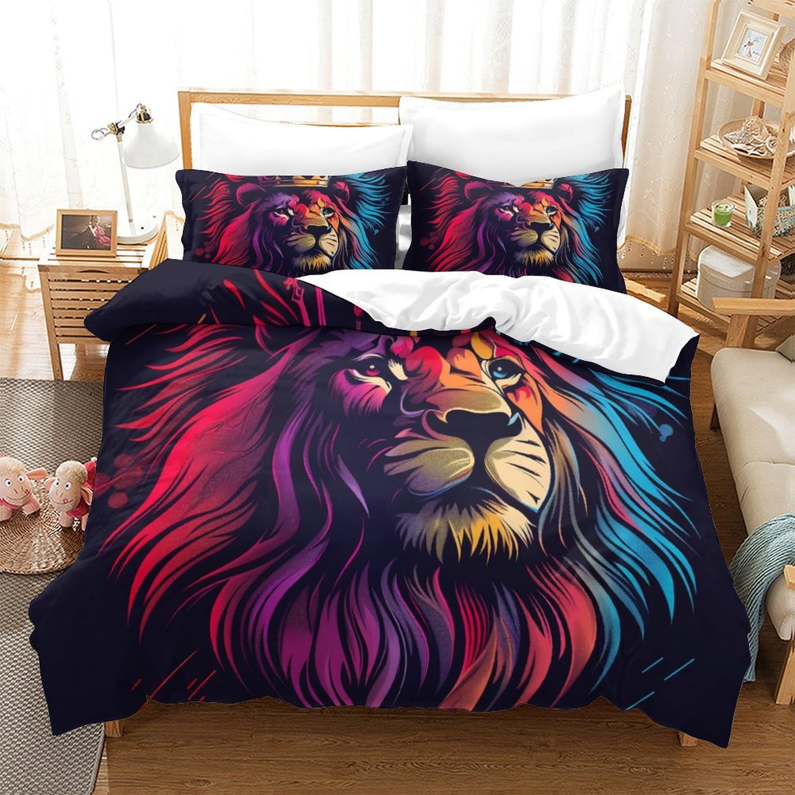 Housse de couette lion 260x220 en microfibre douce pour lit enfant