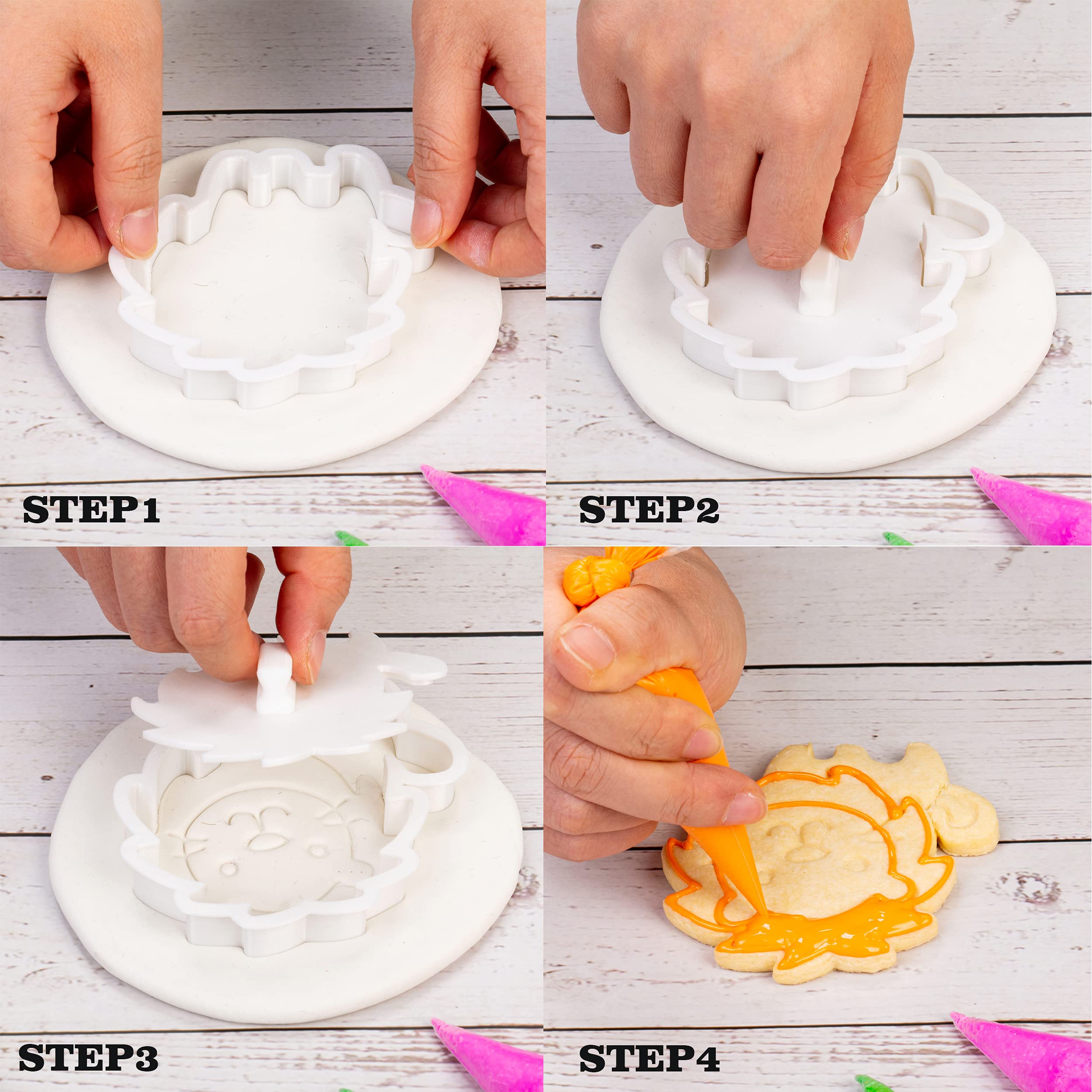 Juego de 8 cortadores de galletas de animales con mango de sello 3D para cocina de selva, formas de pastel de ácido poliláctico, decoración para niños, moldes de hornear de 3 pulgadas
