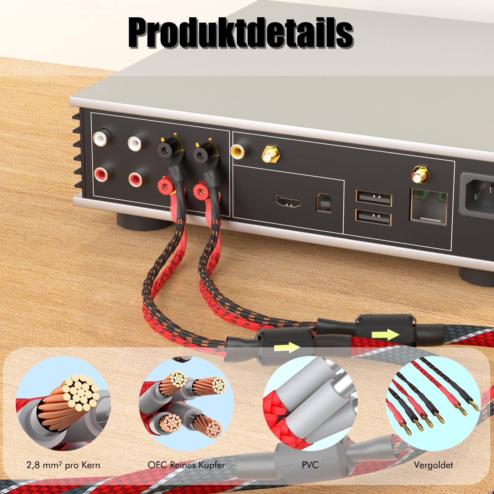 Monosaudio 1 paio di cavi per altoparlanti HiFi, in rame OFC intrecciato, con connettori a banana placcati in oro 24 K, anello anti-interferenza, per amplificatori, altoparlanti, home theater e studio