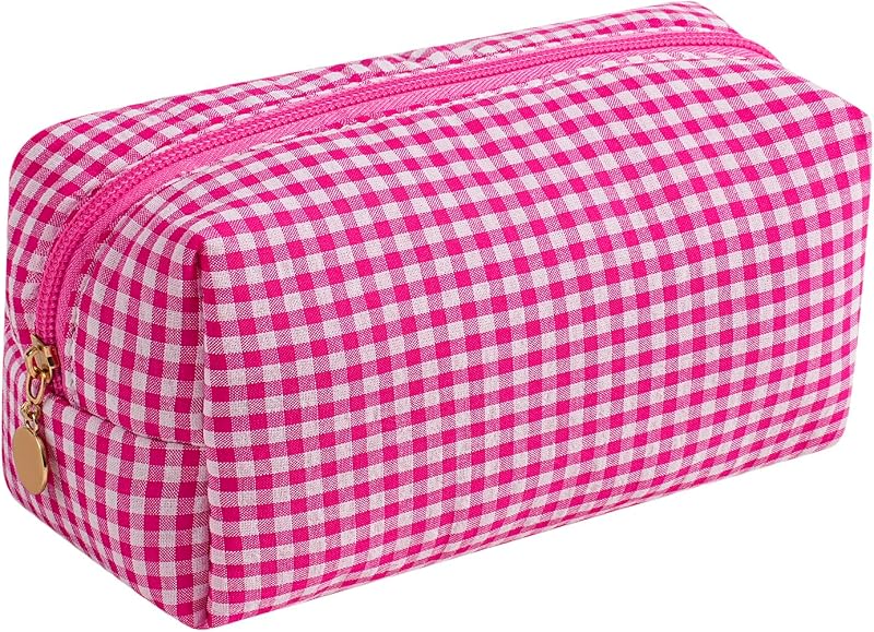 Necessaire de maquiagem JOVAKIT rosa escuro com estampa xadrez, zíper e bolso externo