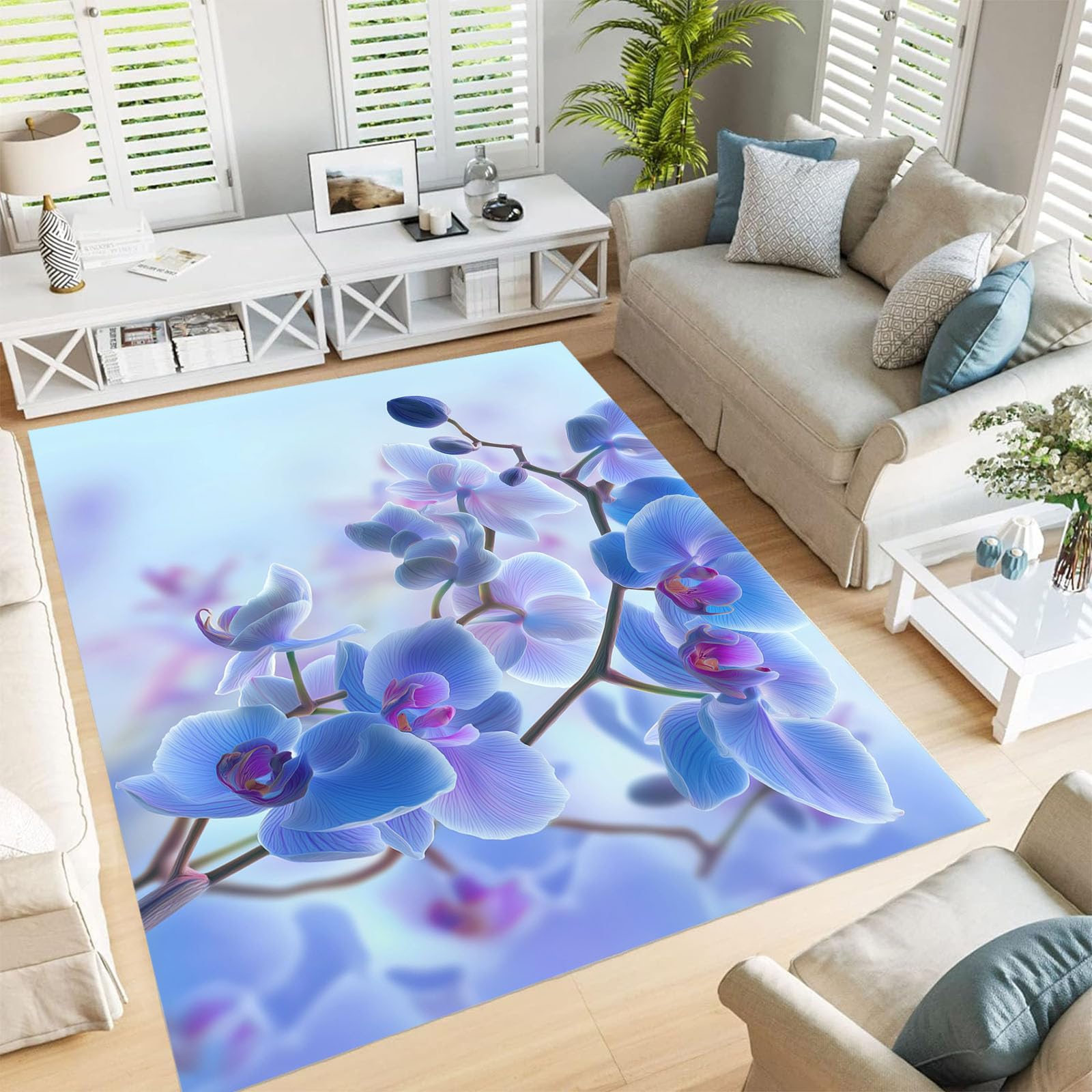 Tapis Phalaenopsis bleu 200x300 cm lavable à poils courts salon