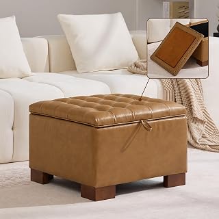 WUTUTUEE 24" Faux Leather Storage Ottoman with Reversible Wooden Tray - Tufted Square Footstool Coffee Table for Living Room, Bedroom, Brown