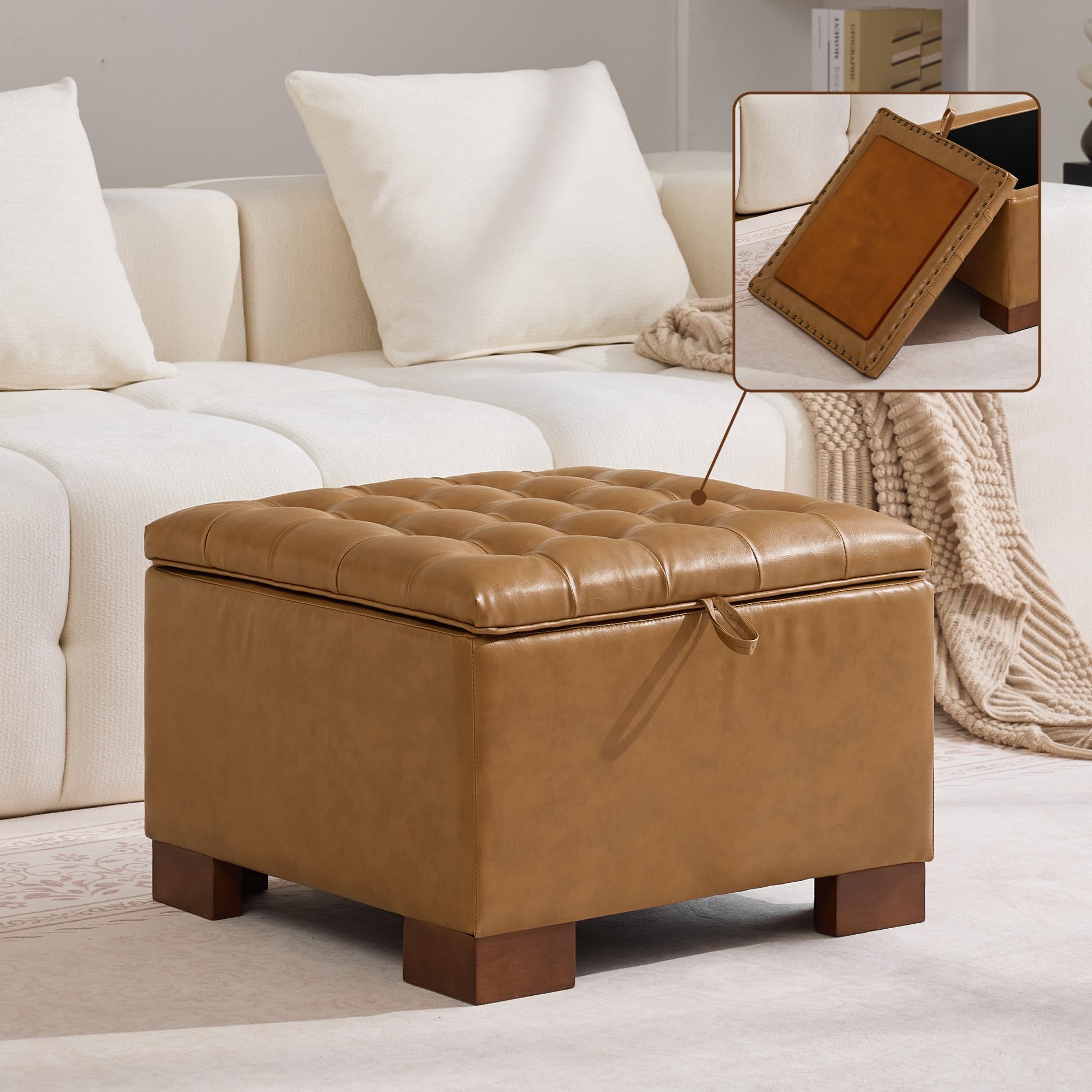 WUTUTUEE 24" Faux Leather Square Storage Ottoman with Wooden Tray, Modern Tufted Button Footstool Coffee Table, Upholstered Small Ottoman for Living Room, Bedroom, Brown
