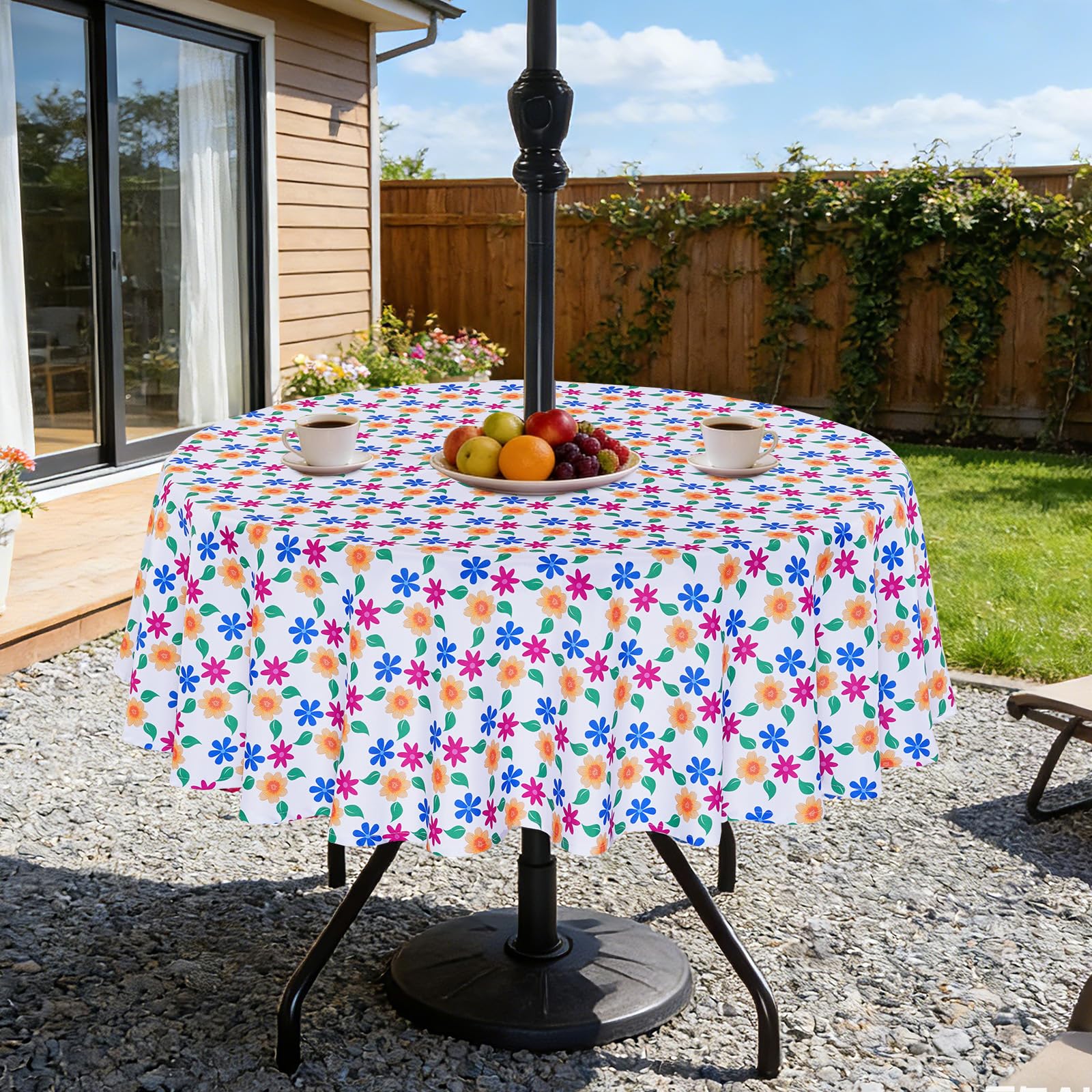 Eternal Beauty 70" Round Tablecloth Waterproof Outdoor Tablecloth with Umbrella Hole Zipper for Spring Summer Patio Picnic Tables (Yellow-Blue Flower, 70" Round)