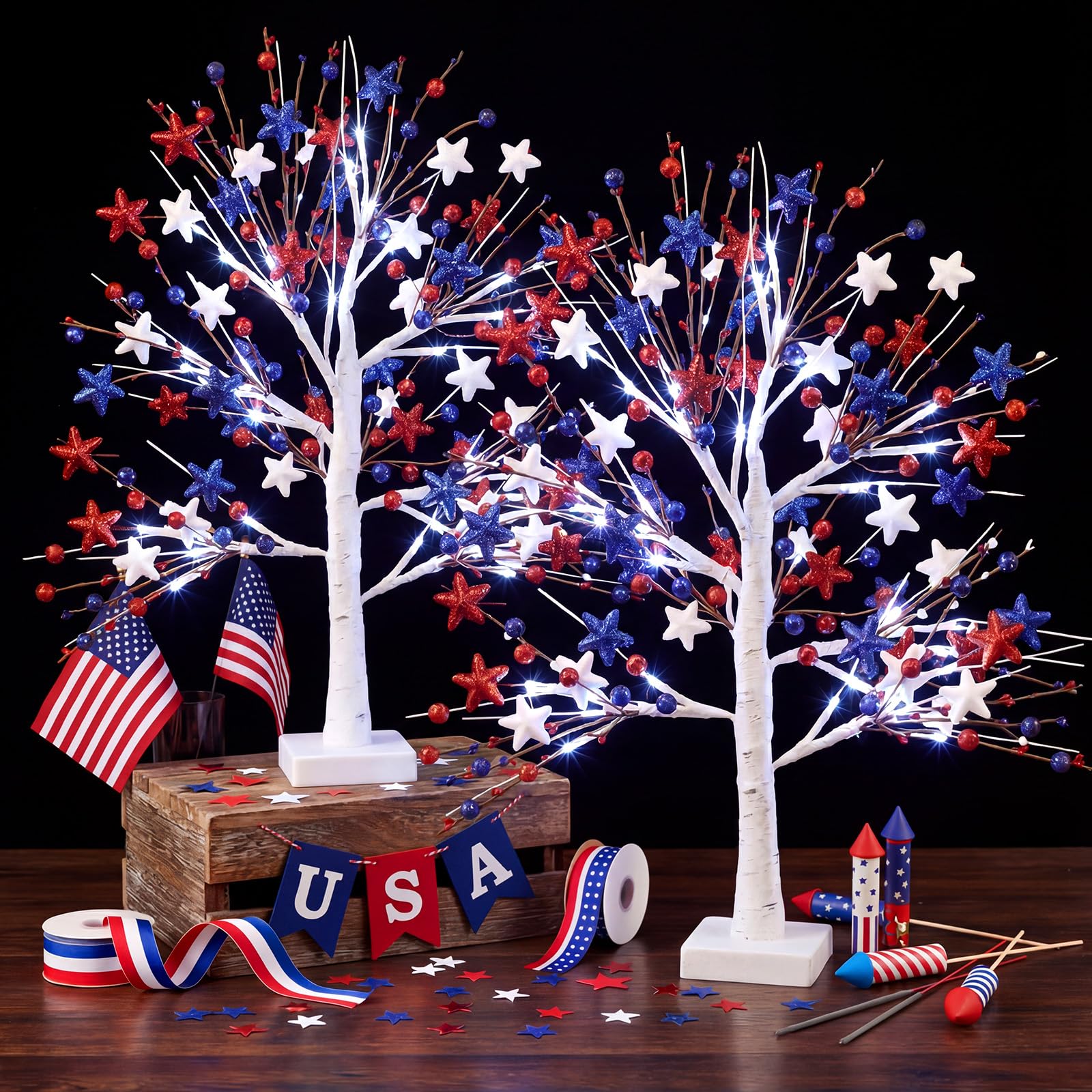 Baquler Lighted Patriotic Birch Trees