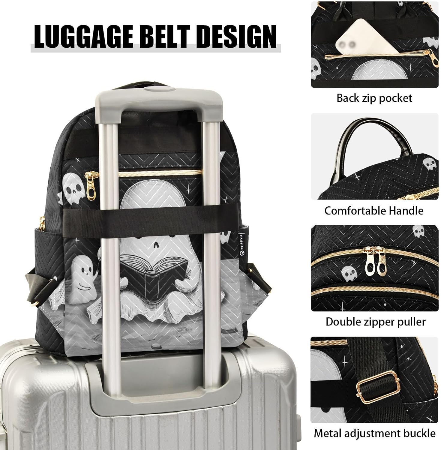 Cute Ghost Quilted Backpack Purse for Women Fashion Small Backpack Shoulder Bag Travel Casual Daypack M - Image 4