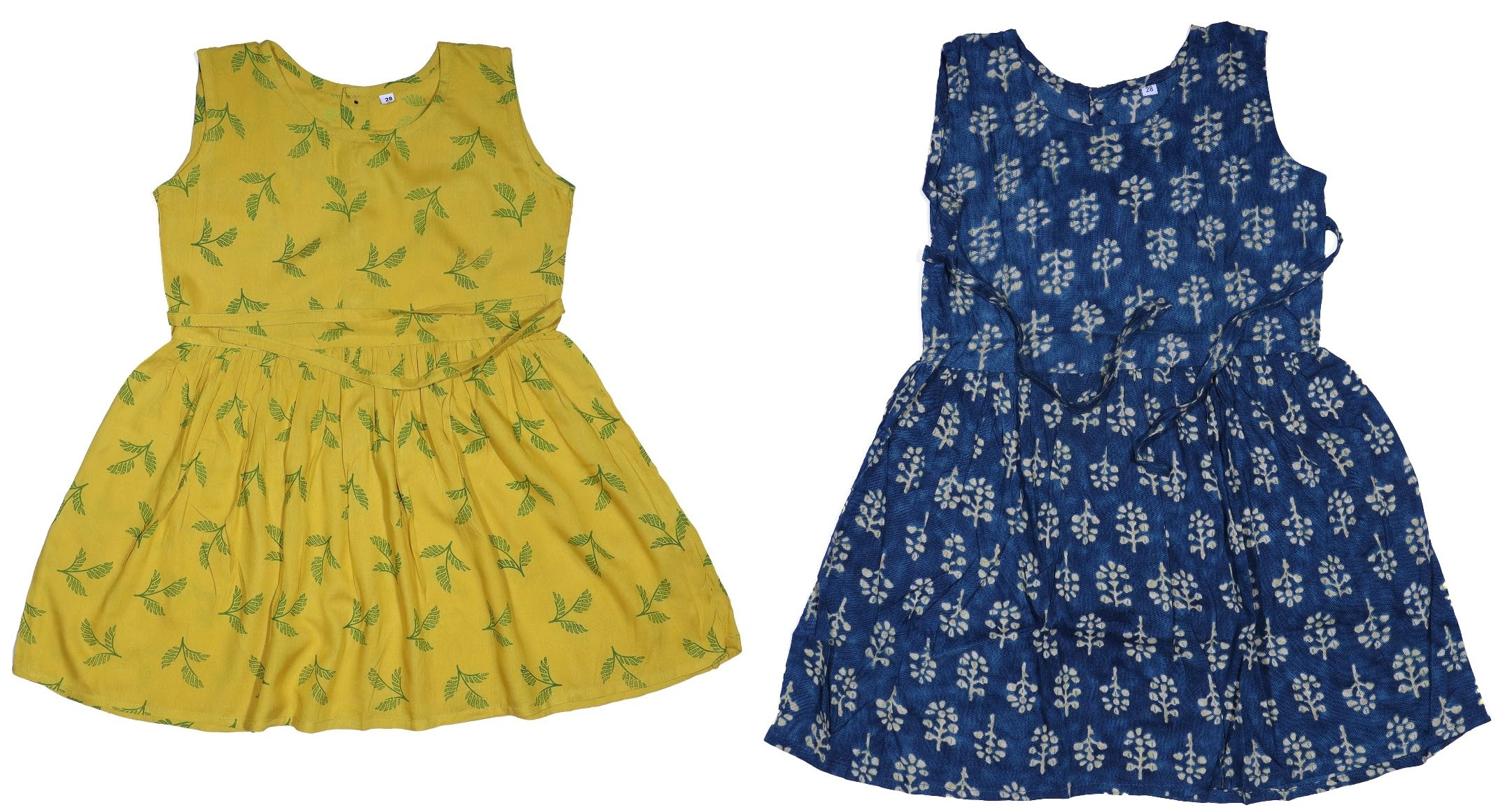 VK Sales Sleeveless Round Neck Printed Blue & Yellow Umbrella Frock Dress for Kids Girls Combo of 2