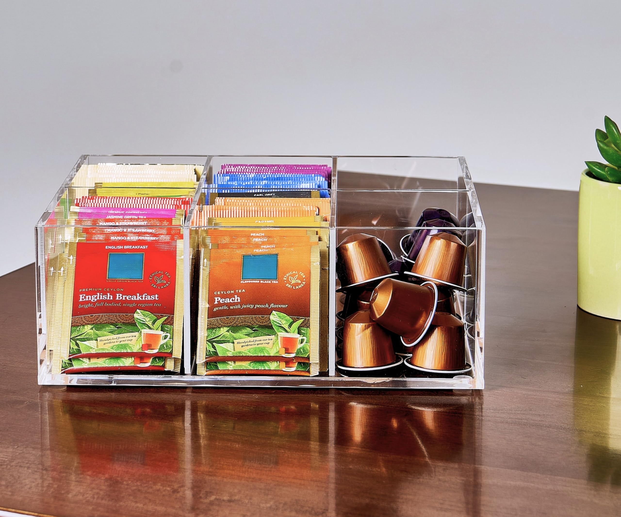 Strapazierfähiger Acryl Teebeutel-Organizer, 6-Fächer Aufbewahrungsbox | Perfekter Organizer: 6 Fächer halten Teebeutel und Kaffeepads ordentlich sortiert und sparen Platz auf der Arbeitsplatte.
