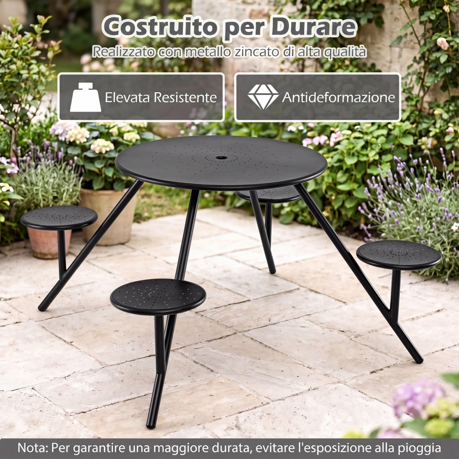 COSTWAY Set Tavolo e 4 Sedie da Campeggio, Foro Ombrellone, Metallo Zincato | Tavolo da Giardino per Cortile e Patio, Set Mobili da Pranzo Completo, 168 x 168 x 73 cm