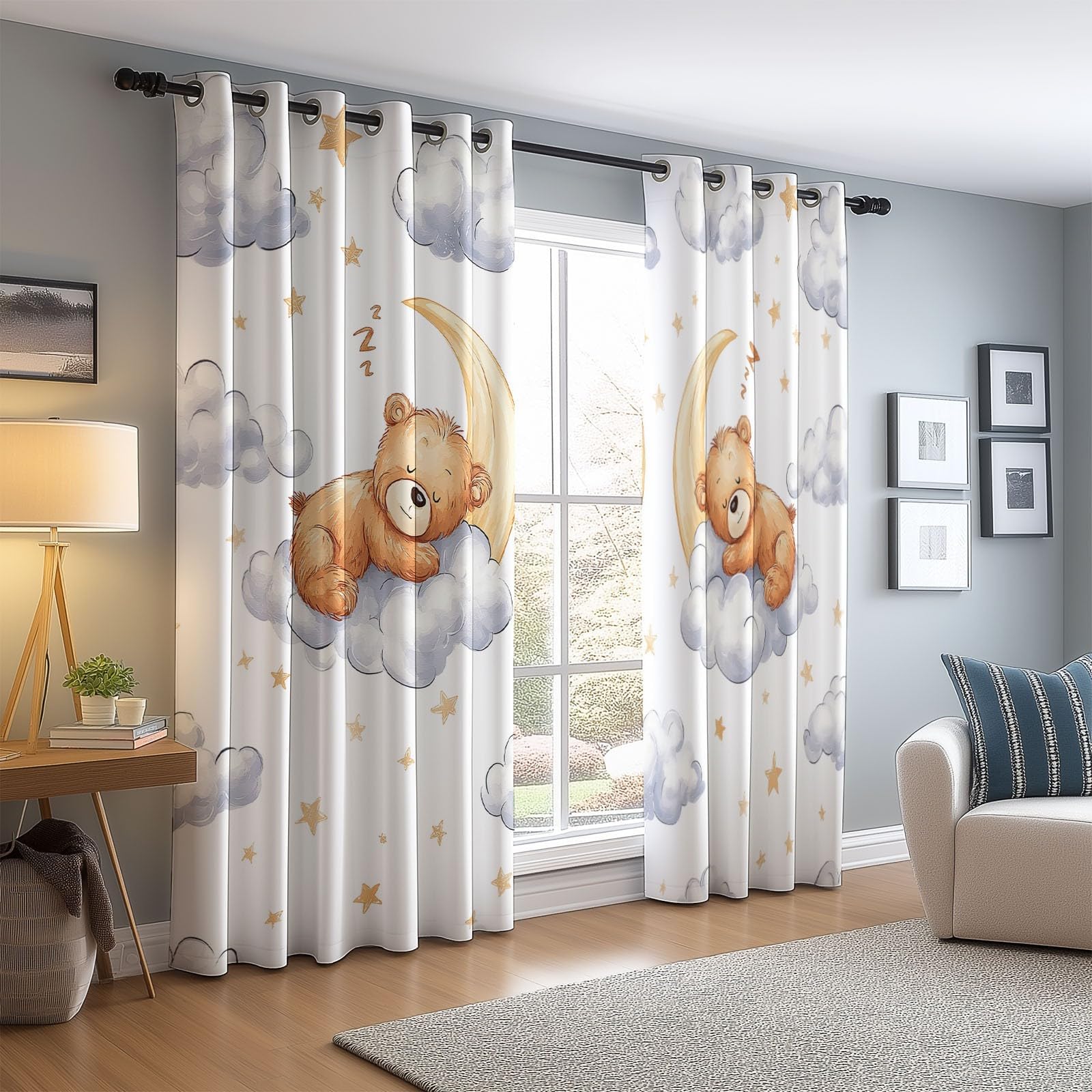 Kinder-Verdunkelungsvorhänge mit Bärenmotiv, 100 x 135 cm (B x H), niedlicher Baby-Teddybär, Mond, Sterne, Wolken, Aquarell-Tiermotiv, 2er Set für Babyzimmer (Mädchen/Jungen)