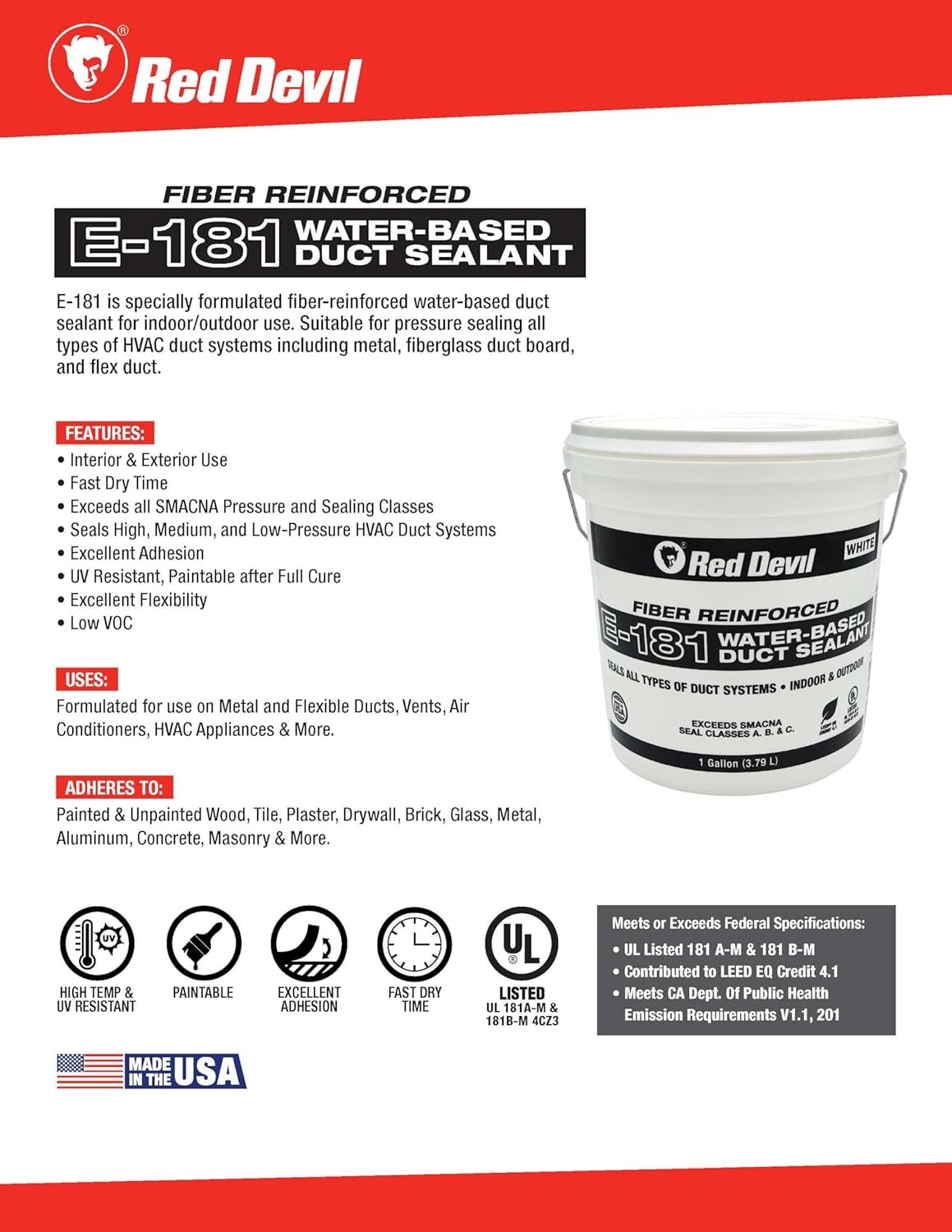 Red Devil 0841EB E-181 Duct Seal, Fiber Reinforced Water Based Duct Sealant, 1 Gallon, Black, Made in USA