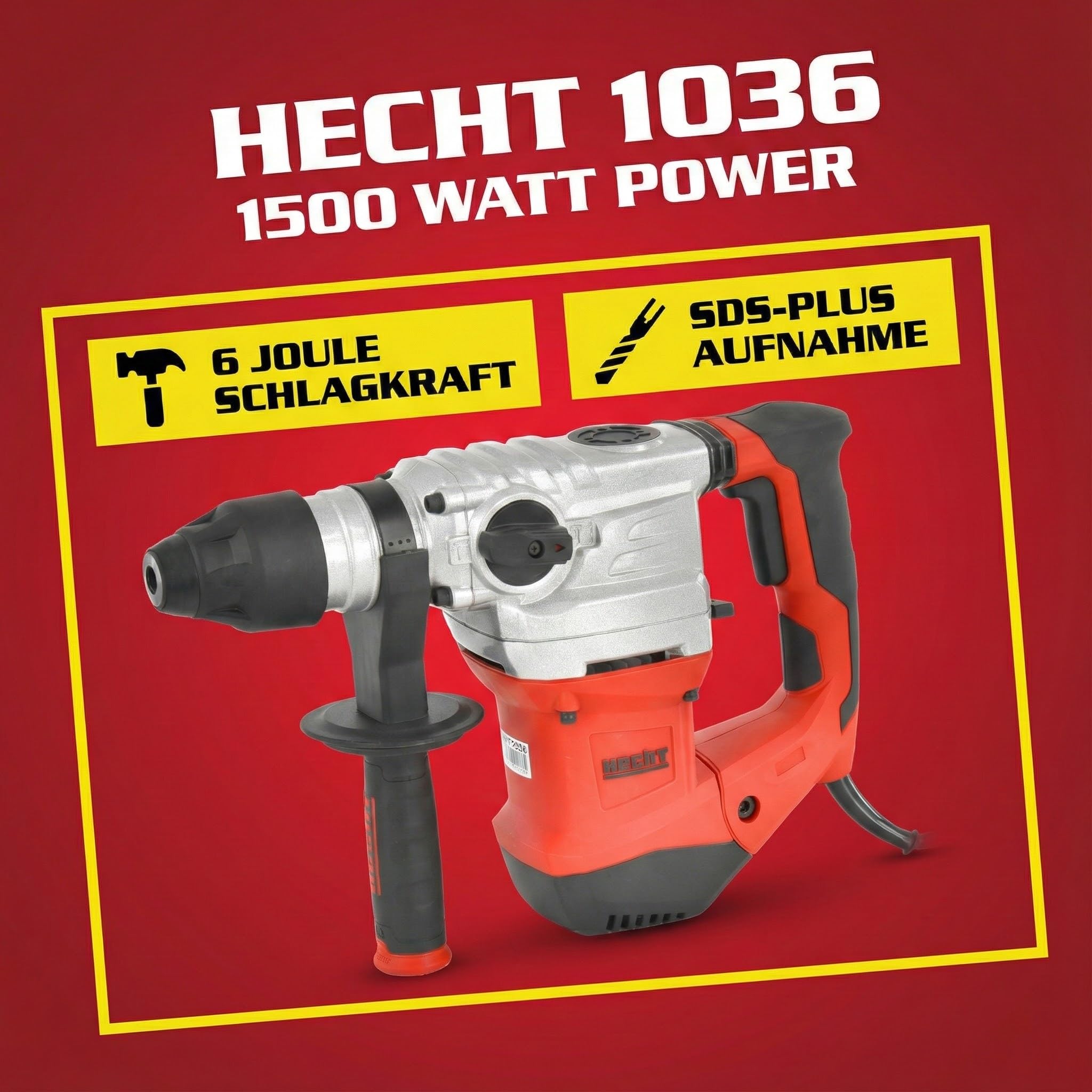 HECHT starkes Bohrhammer Set mit 1500 Watt (Zerstörer 2025) – Mit Zubehör, Meißel und Koffer – Perfekt für Beton – Mit Meißelfunktion (enorme 6 Joule) - Robuster Bohrhammer