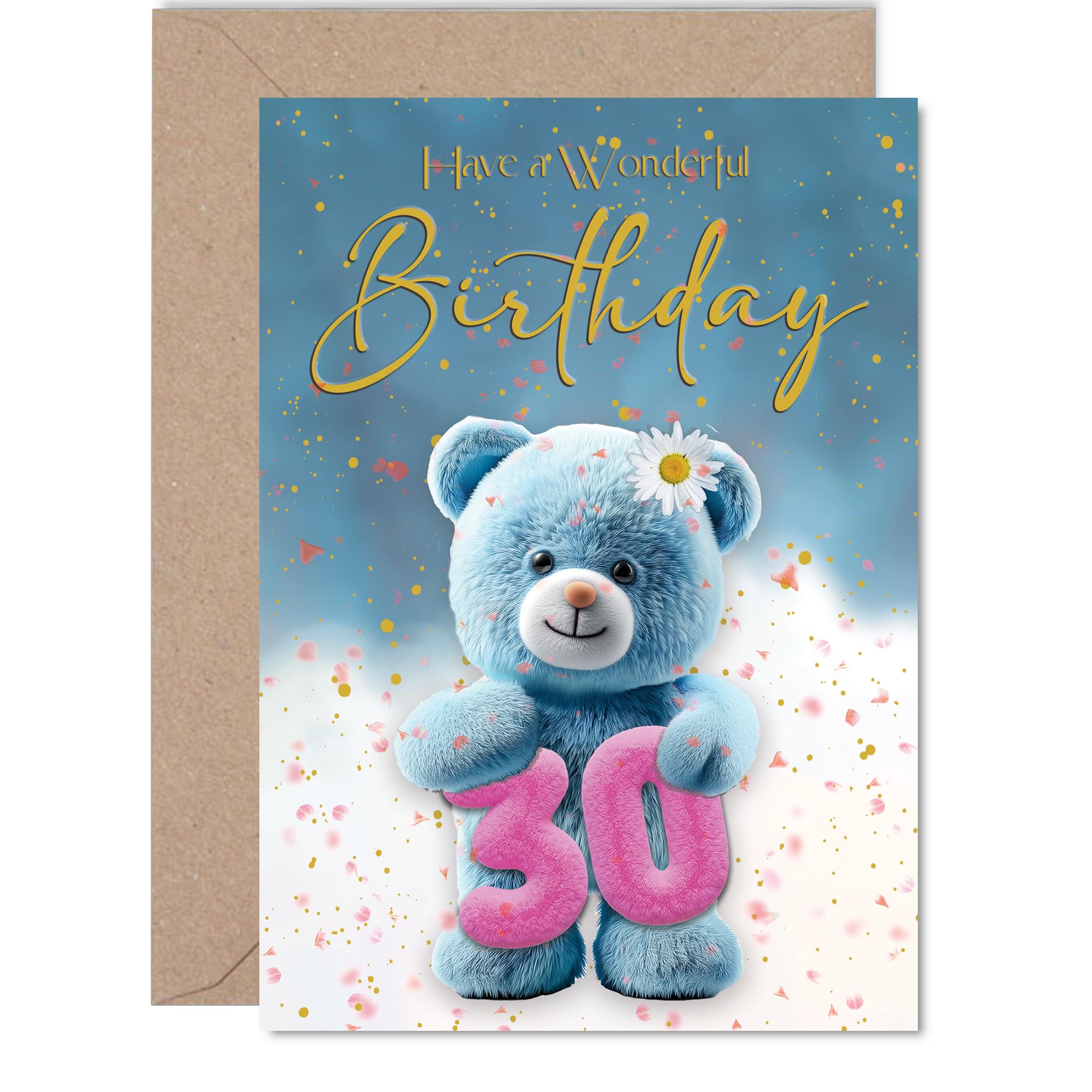 Cute 30th Birthday Card - Bursting with Birthday Cheer - Adorable Blue Teddy Bear Holding a Sparkling 30 - Festive Design That's Sure to Delight - 5x7 Inch, Envelope Included
