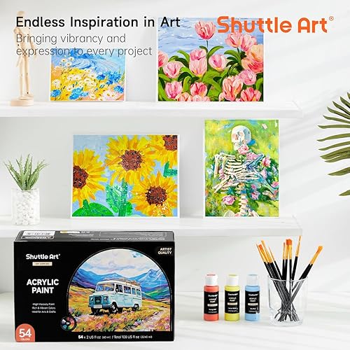Miniatura 8 de Pintura acrílica de 54 colores, juego de pintura acrílica Shuttle Art con 12 pinceles, botellas de 2.0fl oz2 onzas, pintura de alta calidad para
