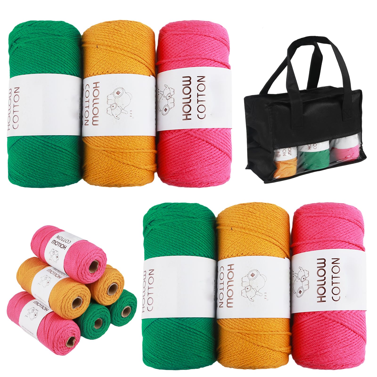 Round Strand Hollow Cotton 2.5mm Medium Thick Thread Cotton Hemp Handmade 150g Hand Woven DIY Crochet Hat Beach Bag Material (Red-Green-Yellow-6pcs)