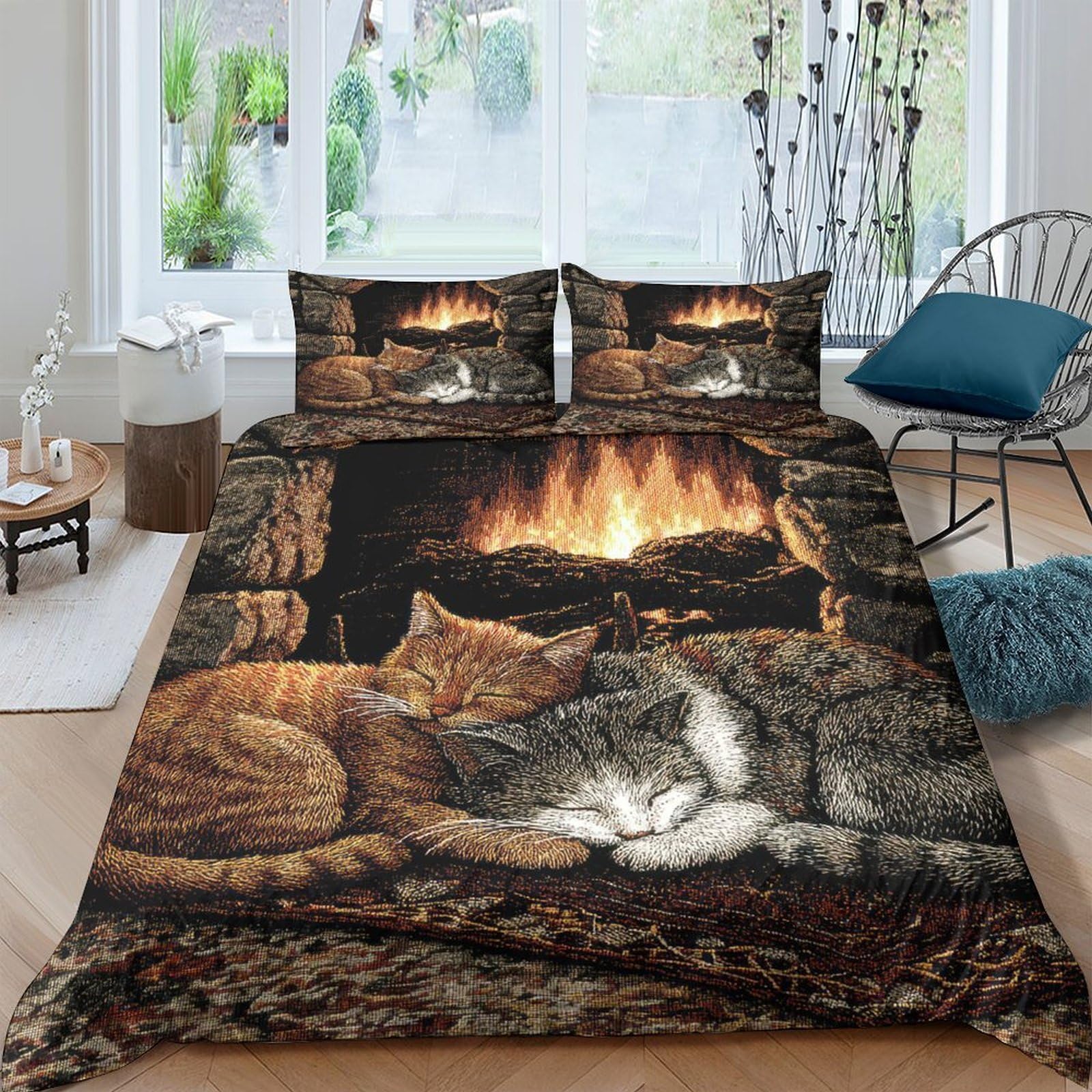 Ctjqhvkz Style-7 3D Printed Fireplace Cat Fitted Sheet Microfiber Soft Brown Tabby Mattress Cover For Bedroom Dorm Decorative Use Single（135X200cm）