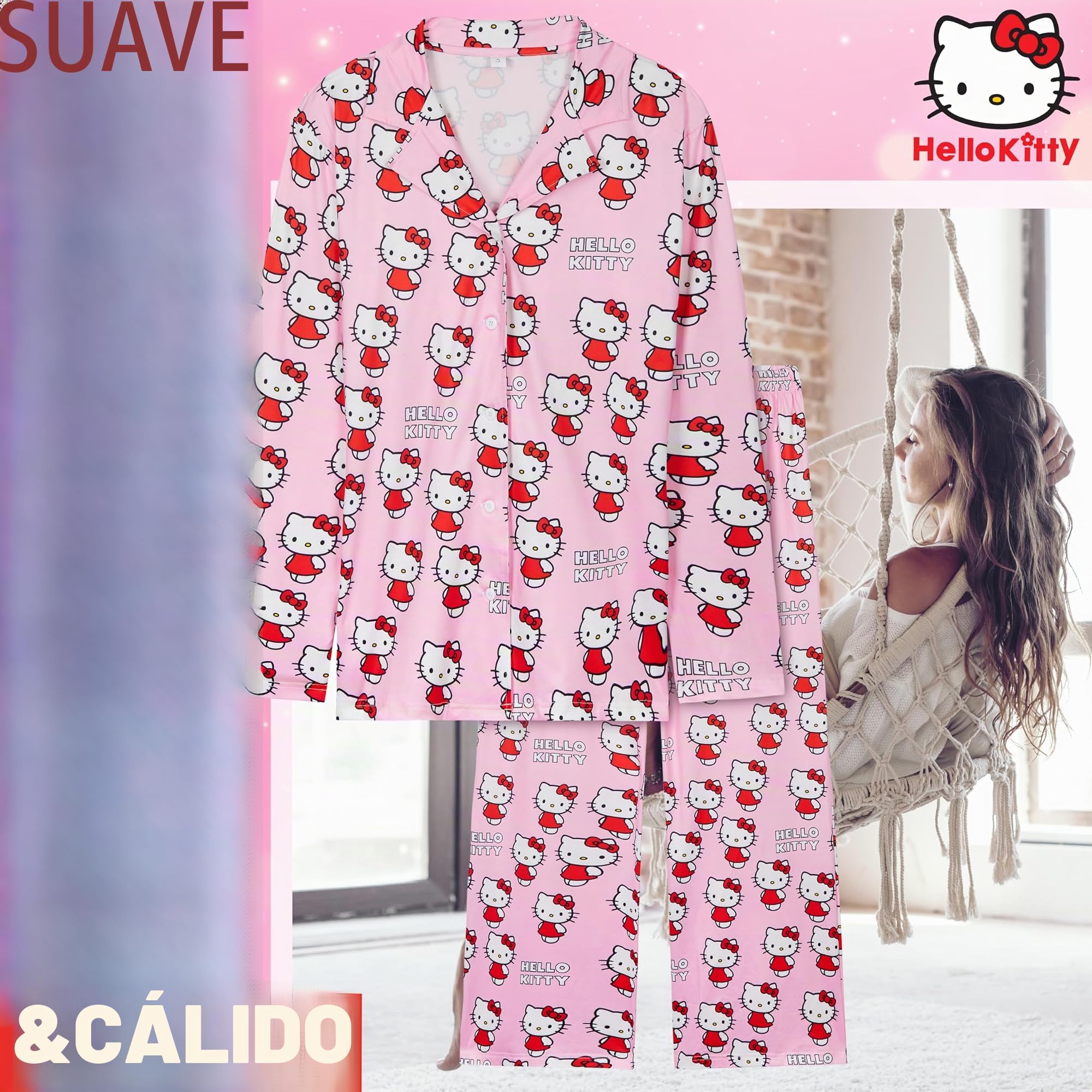 Hello Kitty Larga Pijama con Mangas para Mujer - Regalo Mujer
