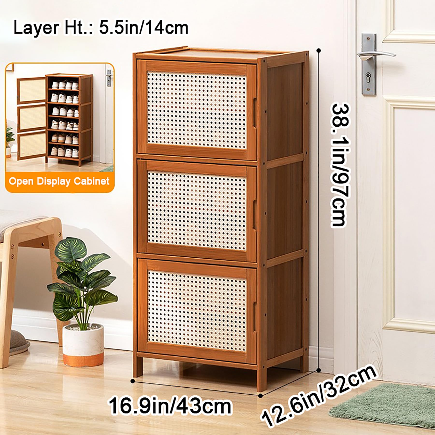 Zapatero De Bambú De 6 Niveles con Puertas De Mimbre Trenzado Zapateros Independientes para La Entrada Organizador De Zapatos Almacenamiento Oculto para Dormitorios,Tea Brown,43×32×97cm