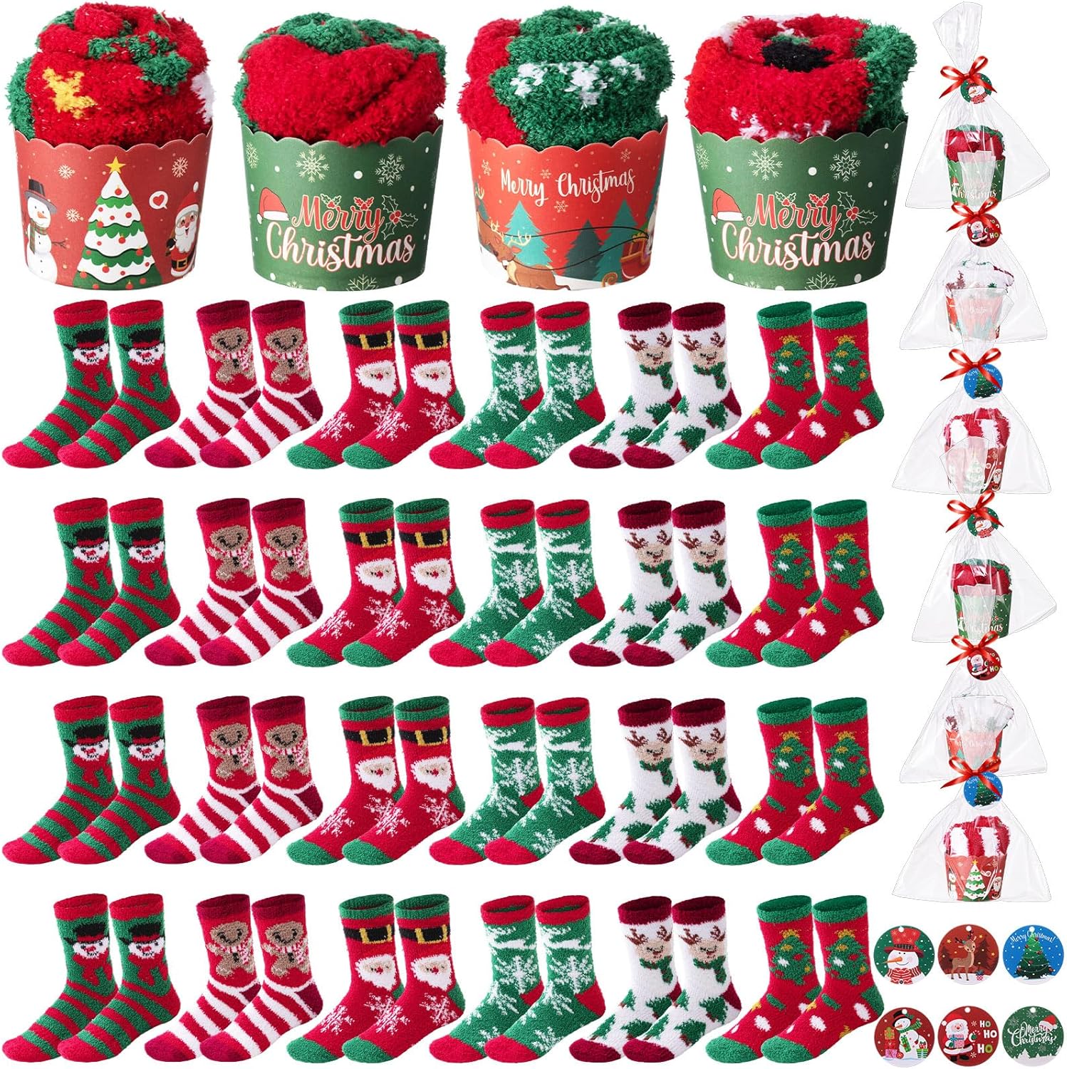 Chuarry 24 Pairs Christmas Cupcake Socks Bulk for Women - DIY Fuzzy Fluffy Socks for Christmas, Valentine's Day, Teacher & Colleague Gifts