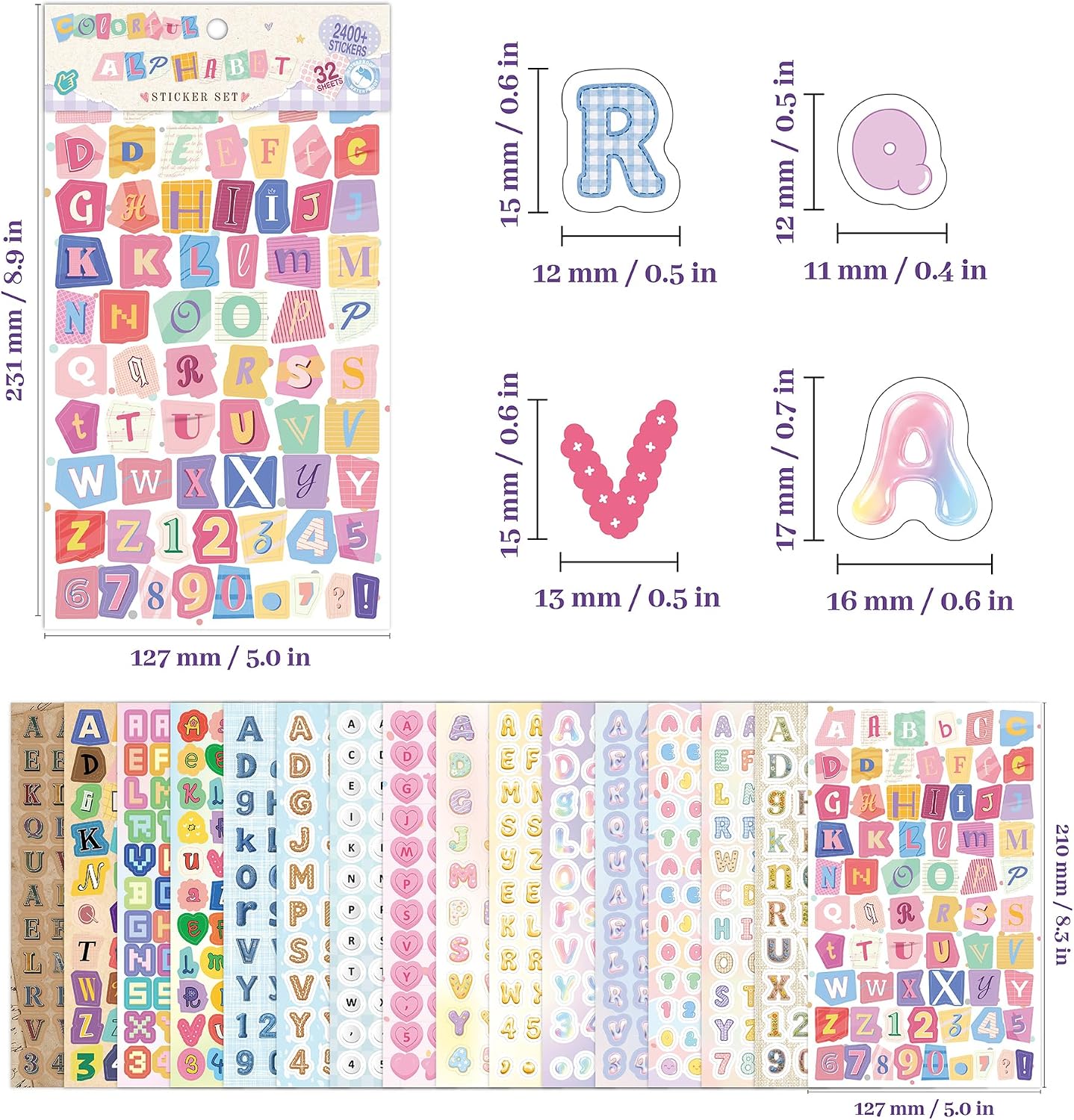 16 Sheets Scrapbook Letter Stickers,1200 Pcs Colorful Alphabet Stickers