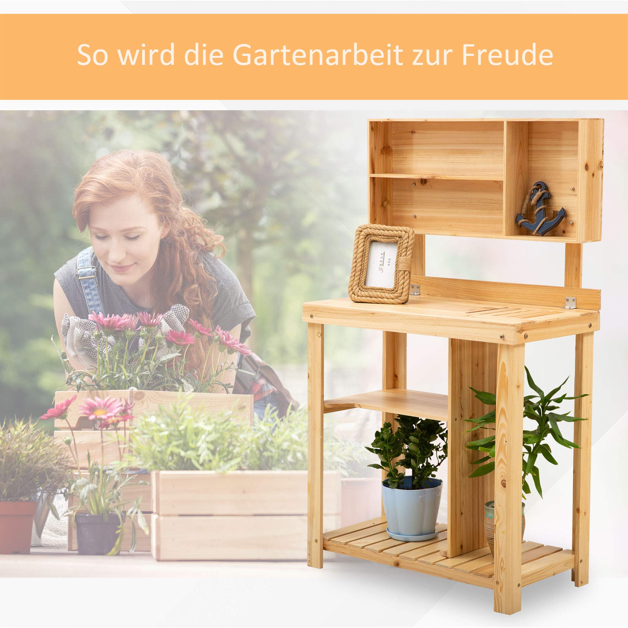 Outsunny Pflanztisch Gartenarbeitstisch für Garten Balkon und Terrasse, Gartentisch mit Ablage, Blumenregal Blumenständer aus Tannenholz, 80 x 43 x 136,5 cm, Natur