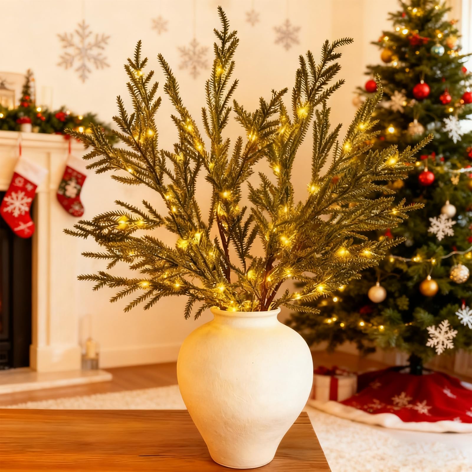 YOAOSER Christmas Real Touch Norfolk Stems with Lights, Pre lit pine stems, Realistic Norfolk Pines Stems, Christmas Artificial Pines Needles Branches Garland for DIY Crafts Home Decoration