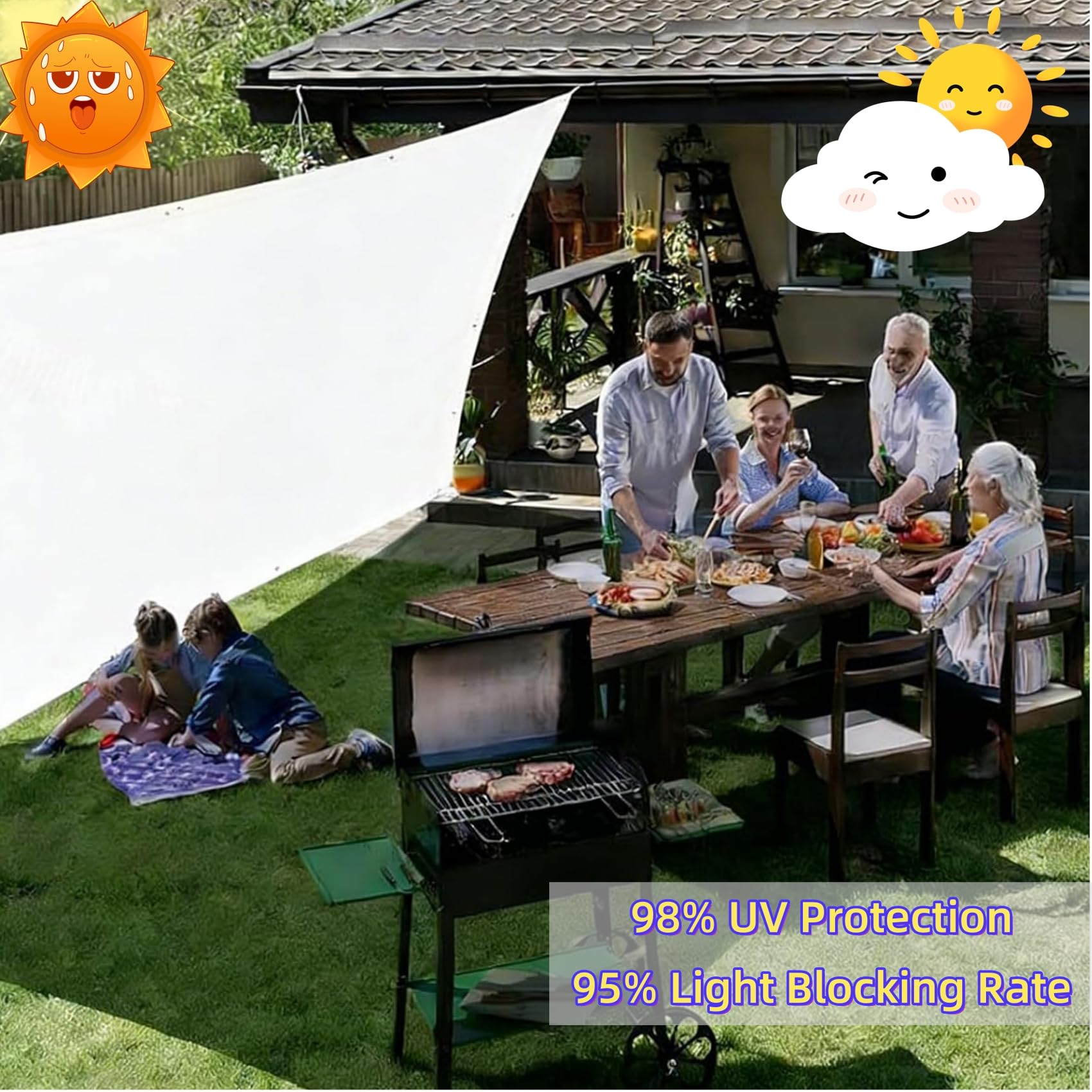 Sonnensegel Rechteckig 500 x 600 cm Wetterschutz Uv-Schutz Rechteckig Leicht Schattennetz mit Ösen inkl Befestigungsseile, Reißfest für Balkon Terrasse Garten Pool Camping, Weiß