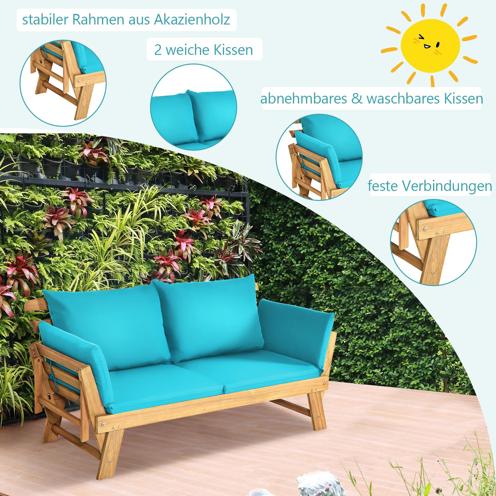 GIANTEX Liegesofa mit klappbaren Seitenlehnen, Gartenbank Sitzbank mit Auflagen, Sonnenliege Gartenliege aus Akazienholz, Multifunktionsbank Balkonbank Parkbank Gartenmöbel, grau/beige (Türkis)