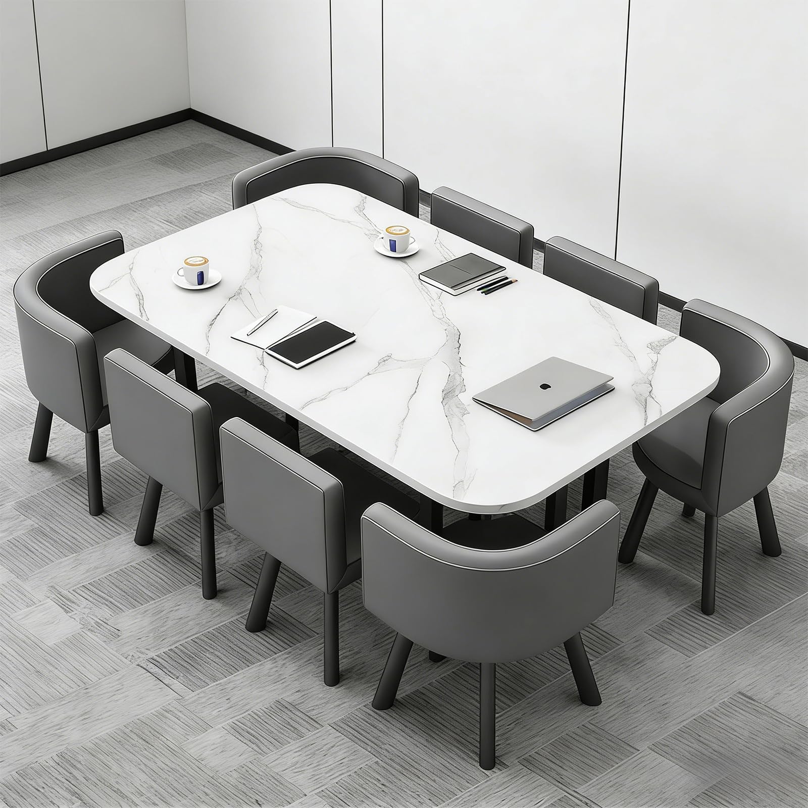 Großer Konferenztisch Inklusive 8 Stühle Moderner Besprechungstisch Metallrahmen für 8–12 Personen, industrieller Seminartisch für Büro, Esszimmer, 180x90cm (L x B),Weiß