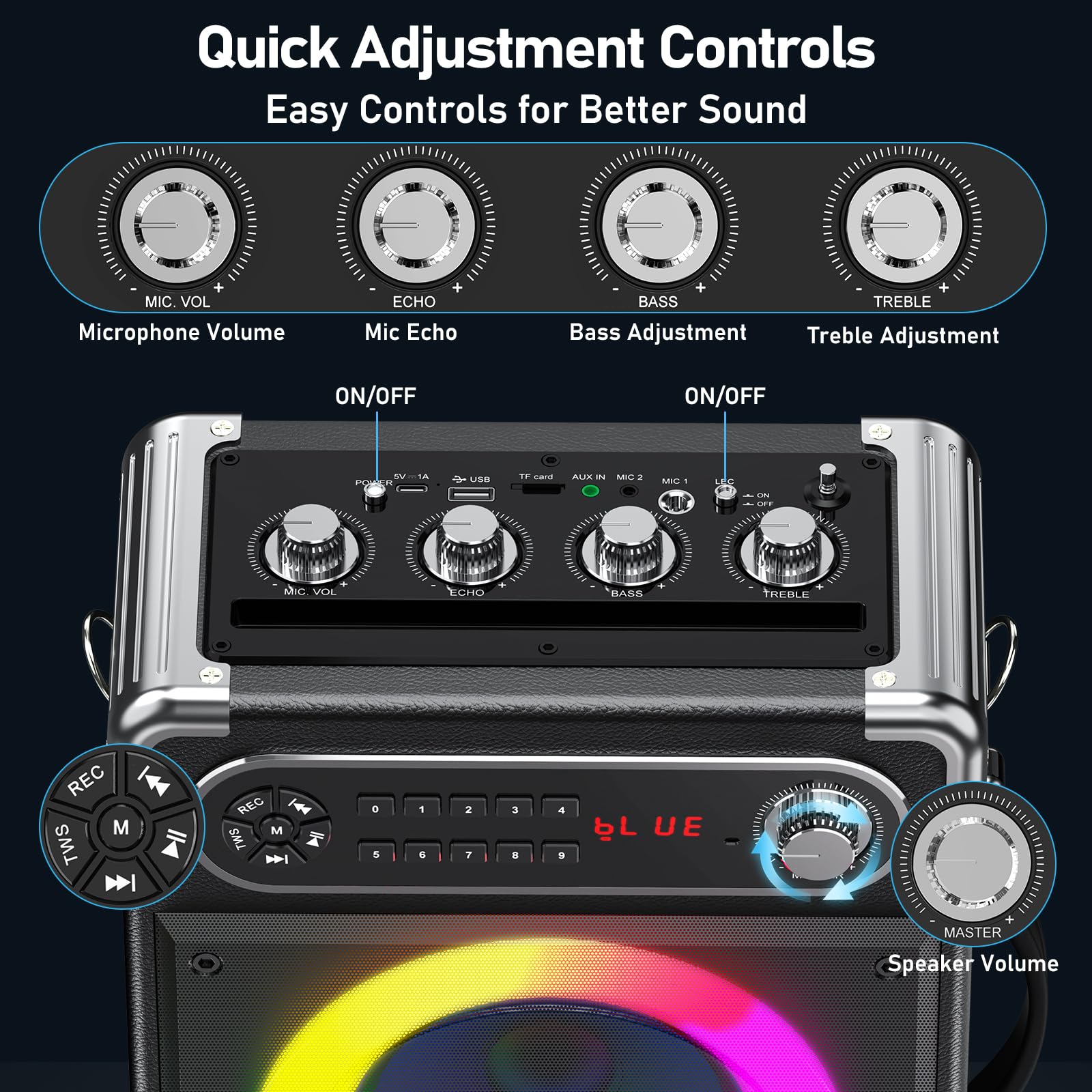 JYX Karaoke-Maschine mit 2 UHF-Funkmikrofonen, Tragbarer Bluetooth-Lautsprecher mit Bass-/Höhen-Einstellung, Fernbedienung und LED-Lichtern, unterstützt TF-Karte/USB, AUX IN, FM, REC für Party-Schwarz