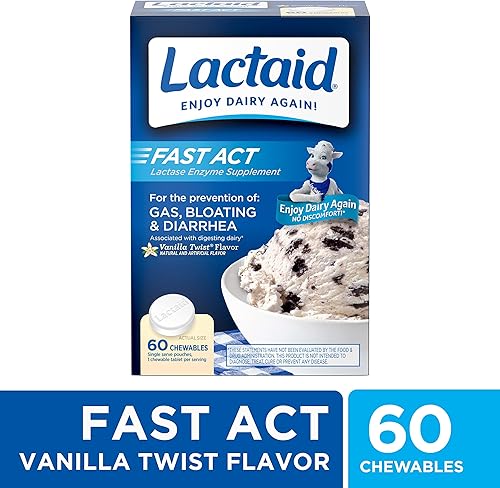 Miniatura 9 de Lactaid Fast Act - Masticables para aliviar la intolerancia a la lactosa con enzima de lactasa natural para prevenir gases, hinchazón y diarrea