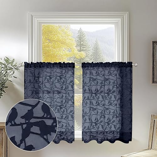 Vista 121 de OVZME - Anji Cortinas semitraslúcidas de gasa, ligeras, vaporosas, privacidad, textura, bolsillo barra doble, pájaros recortados, dormitorio, sala