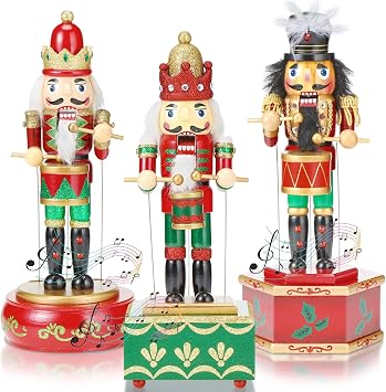 Soaoo 3 Pcs Nutcracker Music Box Wooden Soldier Wind up | Traditional Soldier Design, Holiday Tabletop Centerpiece, Rotating Musical Movement, Red Gold Black Finish, Party Display