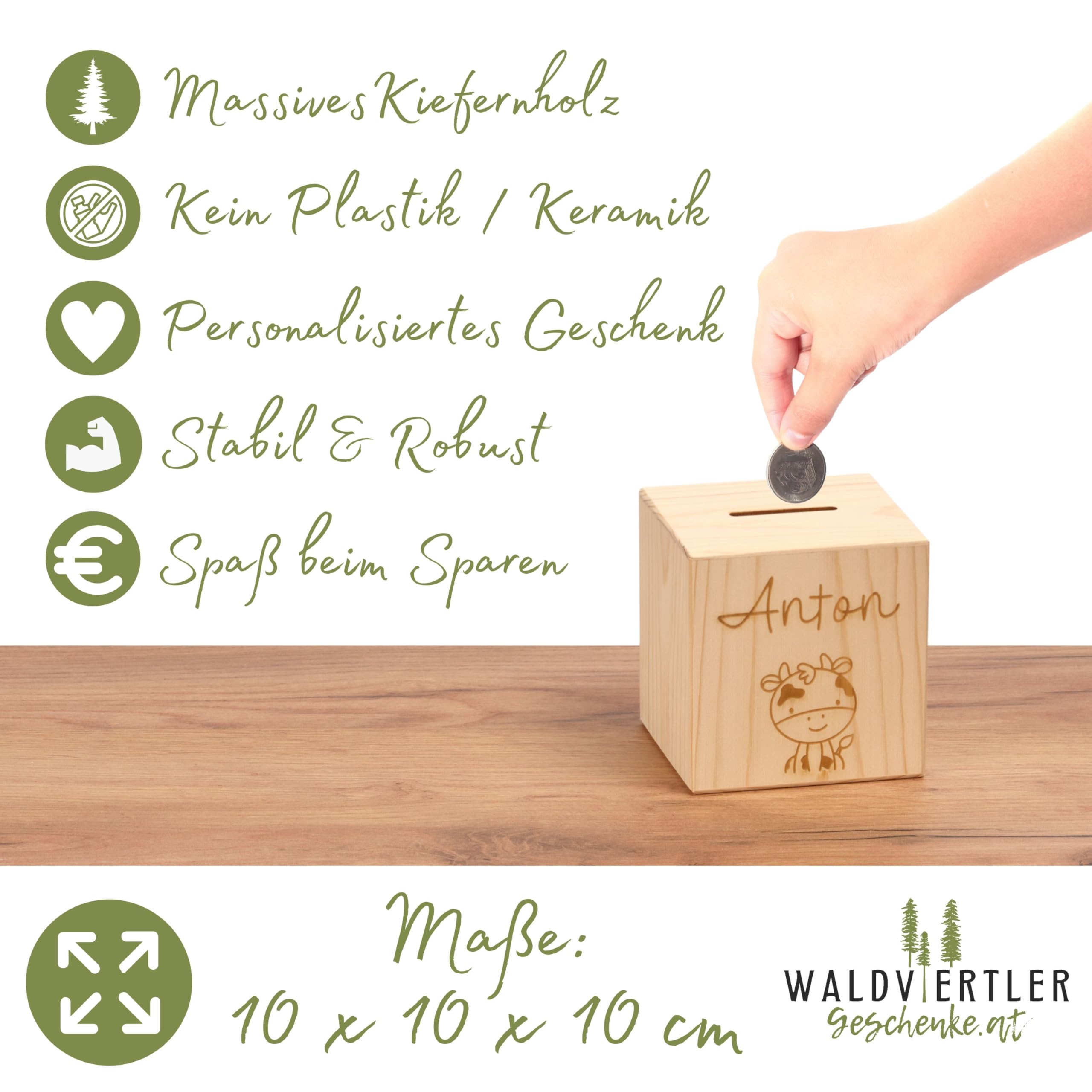Sparset zur Geburt – Erinnerungsbox mit Schiebedeckel + personalisierte Spardose + Krümelbrett mit Name – handgefertigt & individuell graviert