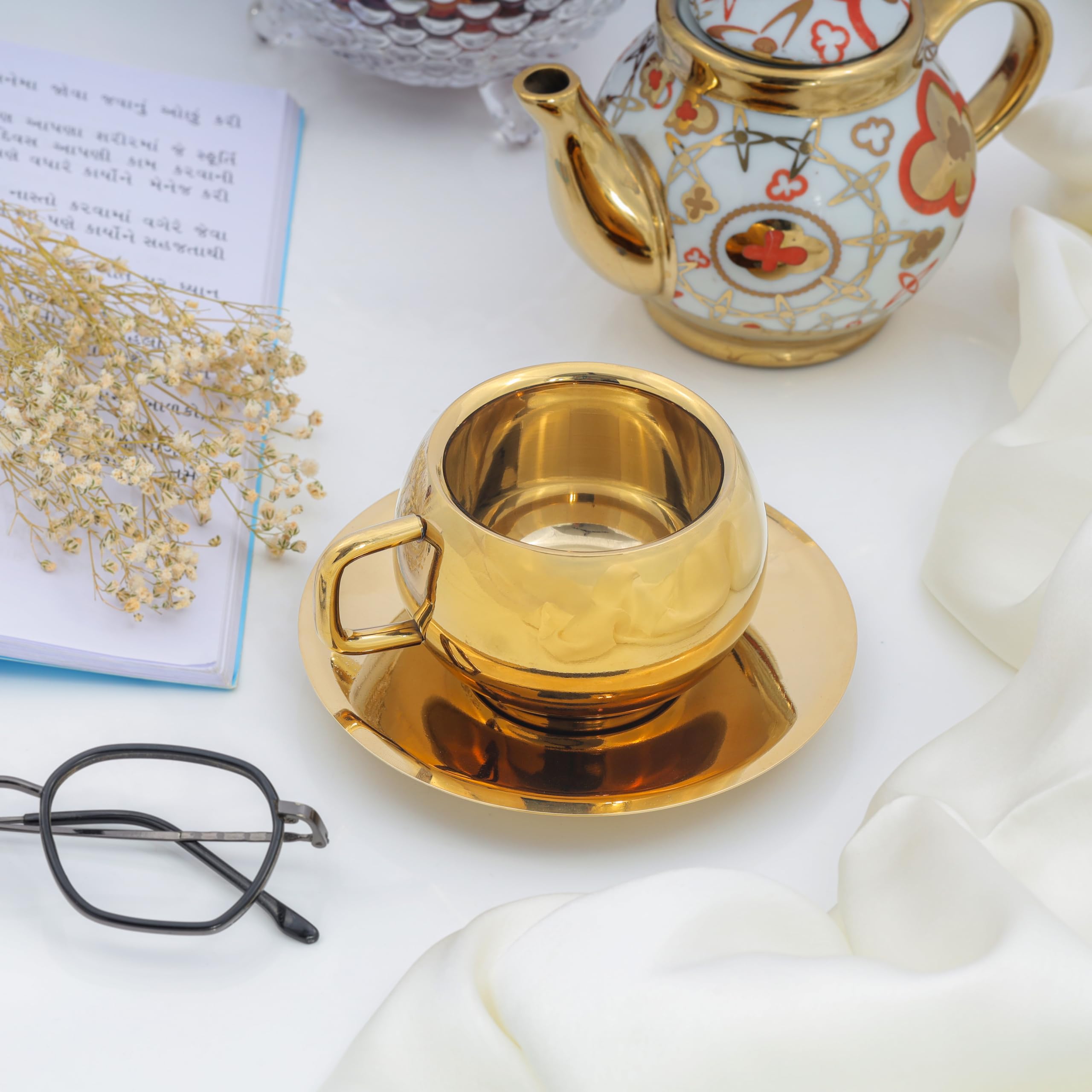LASER ART Stainless Steel with Gold PVD Coating Tea Cup & Saucer Set, Capacity- 150 ml, Elegant Gift for Diwali, Home & Office (Pack of 1 Set)