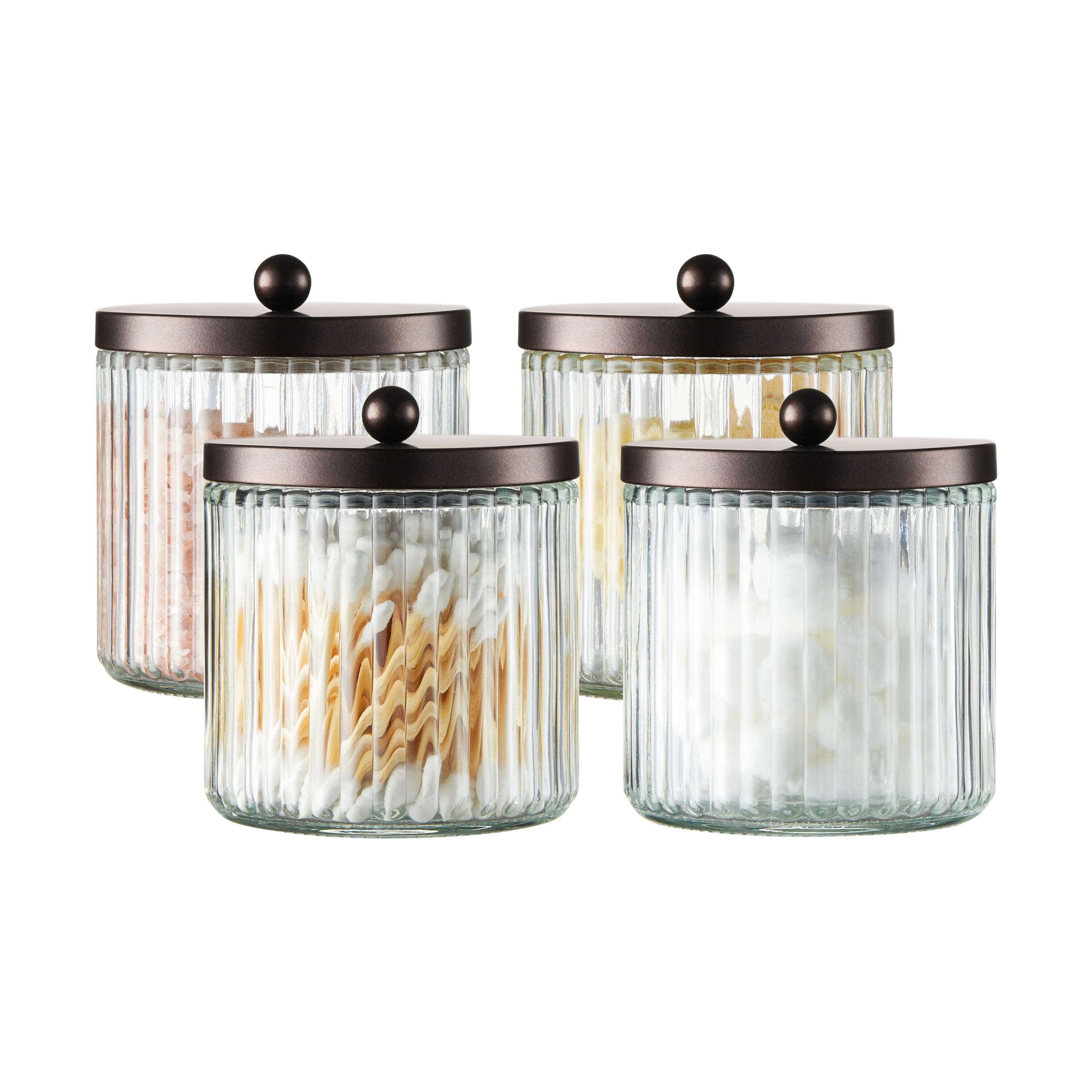 KMwaresSet of 4 Glass Qtip Holder Dispenser Set for Cotton Ball, Swab, Round Pads, Floss Picks - Bathroom Canister Storage Organization and Vanity Makeup Organizer (Bronze)